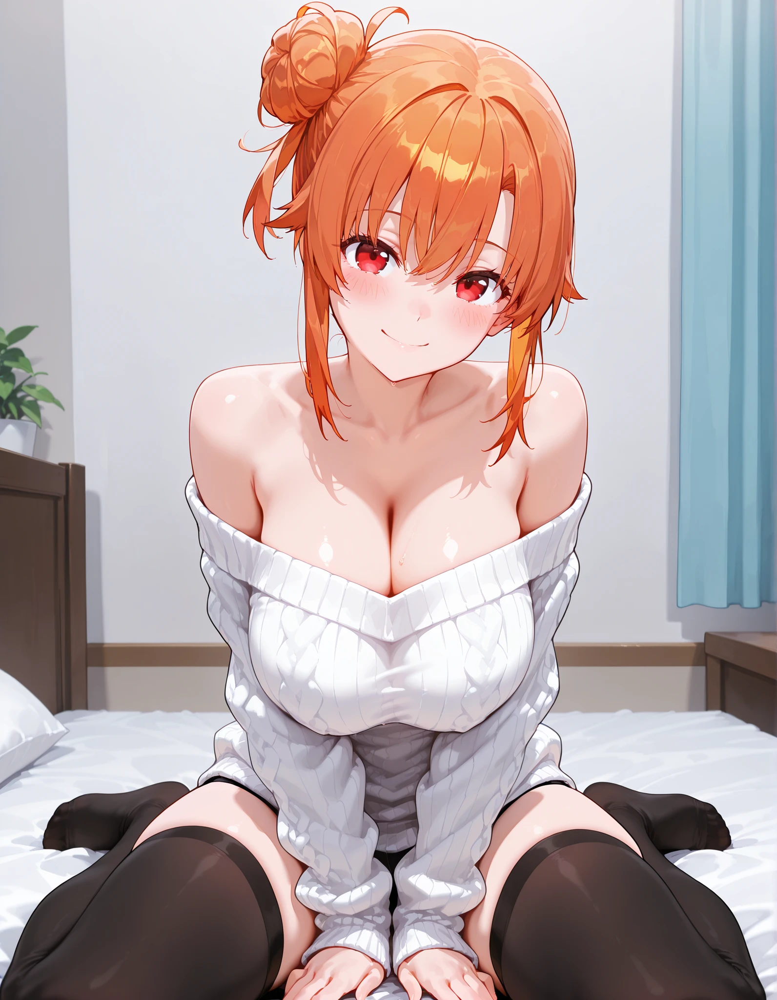 score_9, score_8_up, score_7_up, score_6_up, score_5_up, score_4_up, Highest Quality, masterpiece,
(yui yuigahama), red eyes, orange hair, a single hair bun,
soft boob,
looking at viewer,
sweater, knit sweater,
off shoulder, no bra,
black stocking,
wariza, sitting, hands between legs,
head tilt,
indoor,
smile, blush,