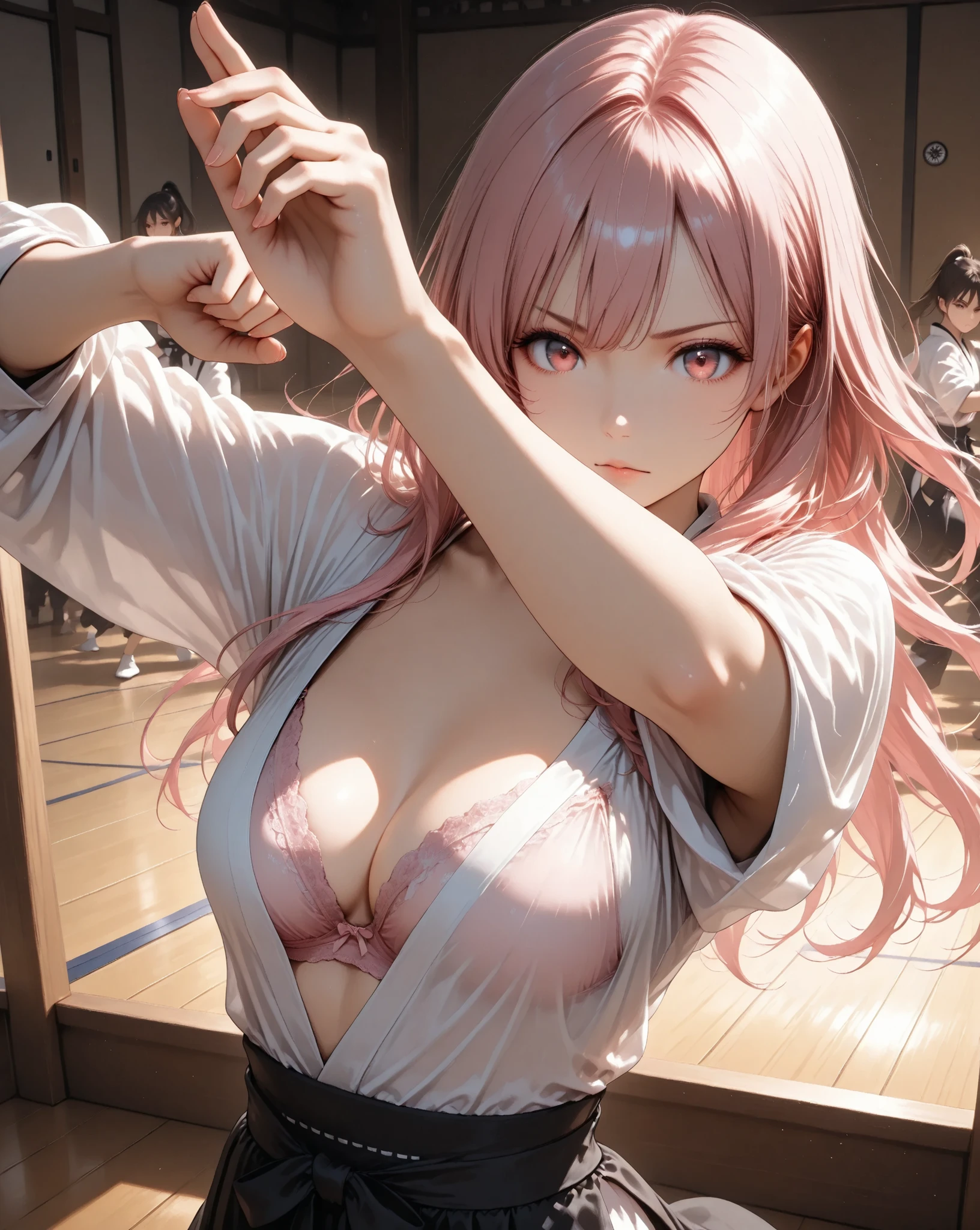 (high angle),medium breasts,long hair,pink hair,kamehameha pose,clear makeup,black dogi,pink bra,in the dojo,full light,masterpiece