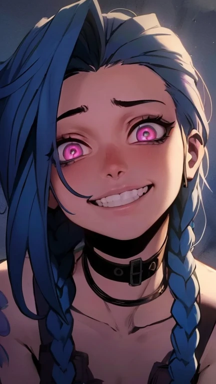 Anime, young woman, blue hair, blue eyes, black top, White jacket, blue jeans, White Sneakers, , Big 