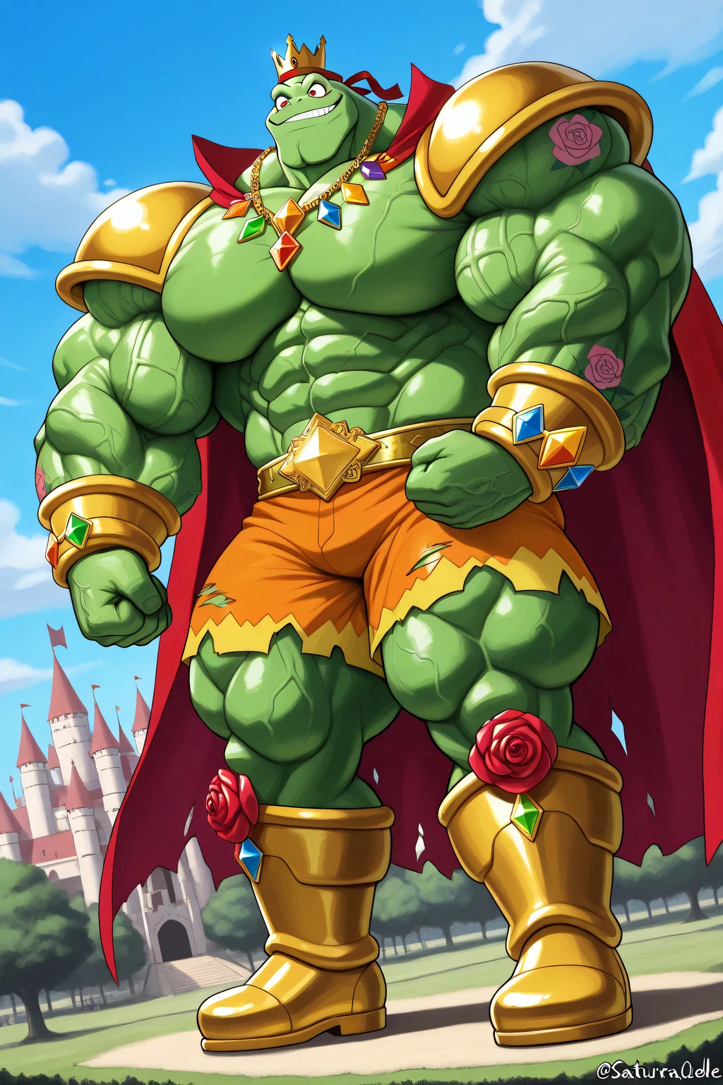 A green giant cartoon 2d frog king, gigantic chin, biggest muscular body, ginomous biceps enormous pectorals, detailed abs, golden armor with colorful jewels, golden bracelets with colorful jewels, golden necklaces with colorful jewels, golden chest with colorful jewels, golden wrestler champions belt with colorful jewels, Red headband. Golden wrist tape with colorful jewels. Golden elbow pads with colorful jewels, Golden kneepads with colorful jewels, ripped orange shorts, tattoos and scars, veins, bigger cartoon yellow frog eyes, red eyes, green skin, golden king crown with colorful jewels, saturaded green skin, big frog feets, golden boots with colorful jewels, wearing a ripped very long red cape, powerful smile expression, feral, smug, dark green eyebrows, sharp teeths, castle and village background, trees, blue sky and clouds background, full body, macro size, giant size, 50-foot size, 100-feet tall, big powerful muscles, veins, rose and fire tattoos, saturaded colors palette, fairytale fantasy scene, dynamic angle.