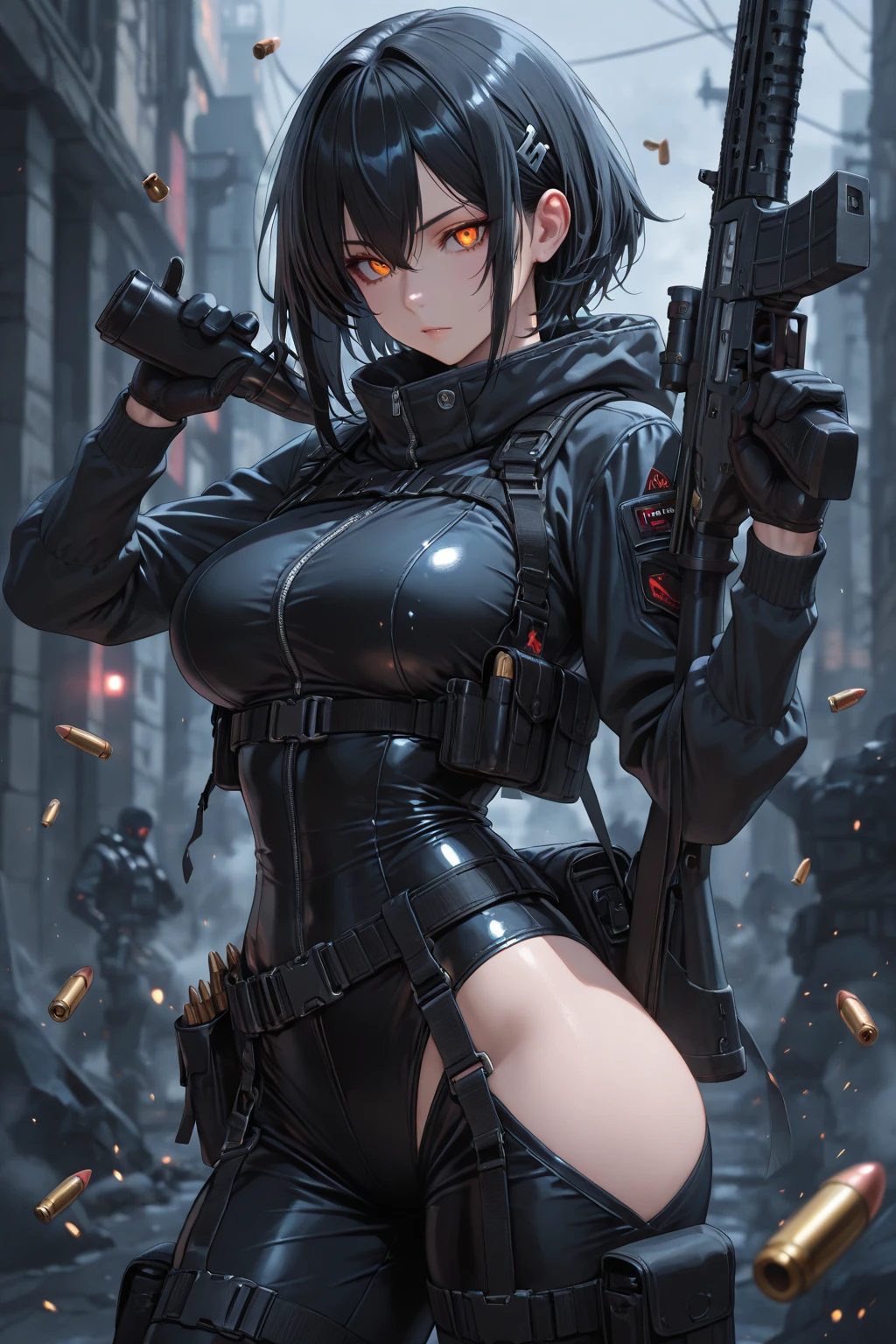 ((Best Quality)), ((Masterpiece)), (detailed), anime girl, short black hair, exposed , , , military , black futuristic tactic, tactical assault weapon, tactical equipment, angry, bothers, hull, special mission, At night, City, strong rain, in focus, shooting up, con hull tactico