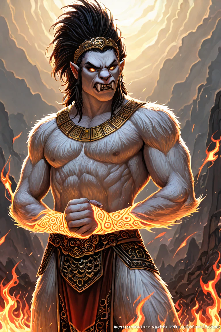 Strong, toned male, feminine face, elegant soft features, fire demon, dark skin, dusty brown skin, digitigrade feet, barefoot, glowing amber eyes, glowing tattoos, , red loinlocth, messy long hair, covered in lava, quad horns