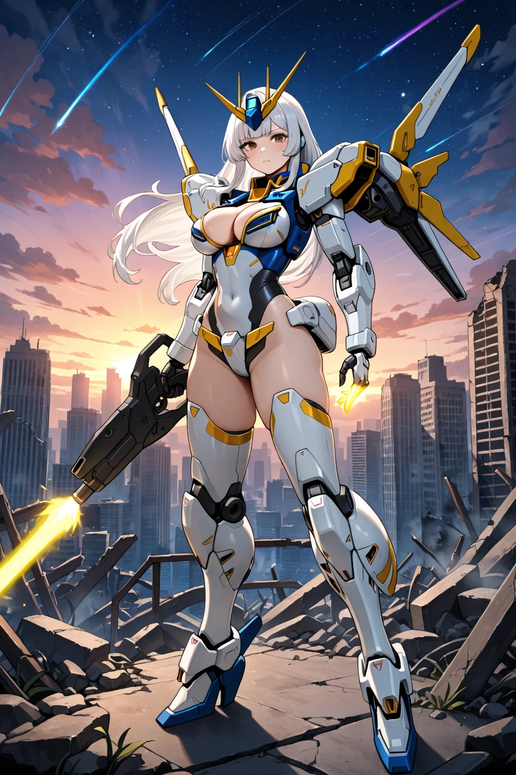 Muscular beauty with long blond hair，helmet，Abdominal muscles，White blue sci-fi armor，cleavage，Bare waist，briefs，Back rocket launcher，Bare Legs，Big cities