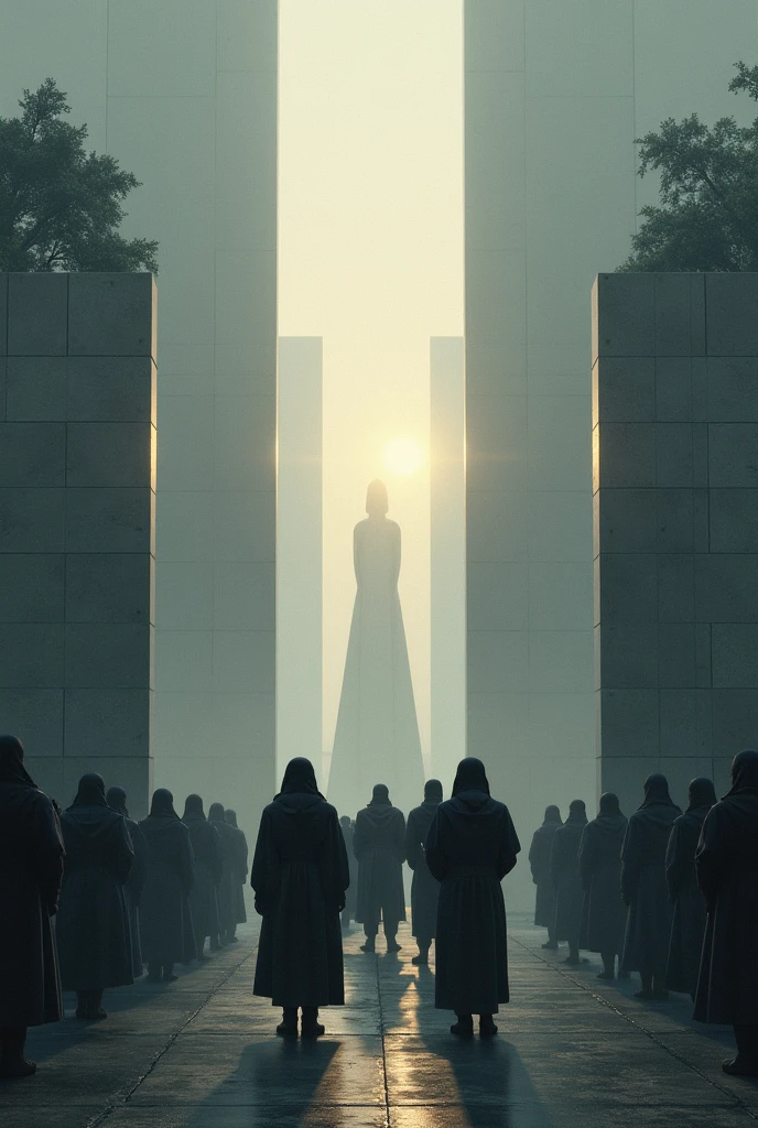 Stuart Lippincott style，God Online，in awe，Light，The sacred world，Huge futuristic statues floating around，Skysky，Awe-inspiring and peaceful，Detailed composition，Subtle geometric elements，refuge，Fresh and soft atmosphere，amber hues，Huge statue surrounded by small people，Fluid，Powerful，Small size，Yuri Shudov style，Philip McKay style，Works of masters，超詳細，HighestQuali，8K