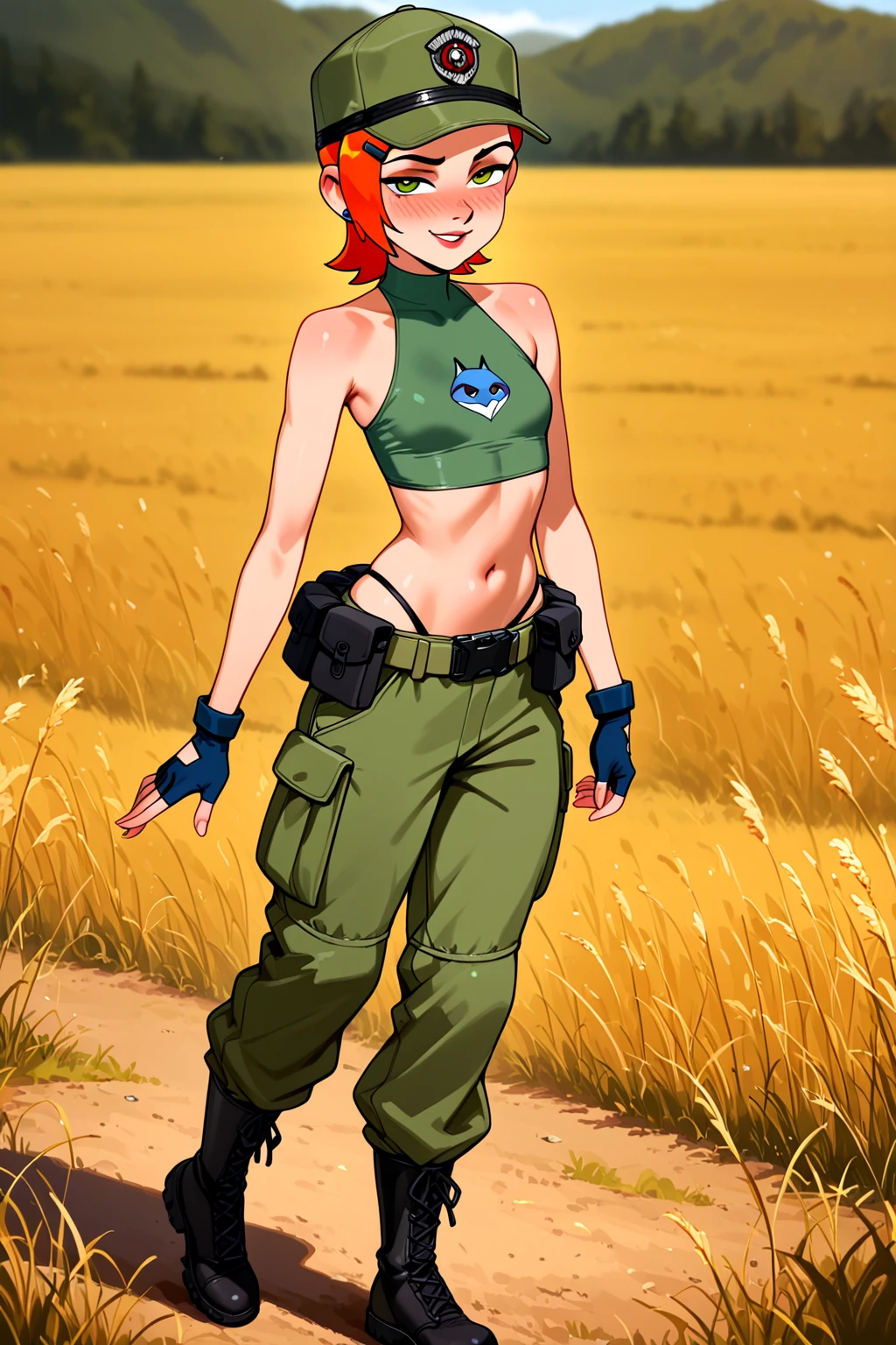 beautiful eyes
score_9, score_8_up, human, source_anime, whisperfoot_style, human, sami_domino, orange_hair, green_headband, BREAK, white_tank_top, midriff, BREAK, green_pants, pouch, combat_boots, inside a battlefield, , athletic, 1girl, solo female, beautiful, epic, wallpaper, looking at viewer, looking at you, smiling