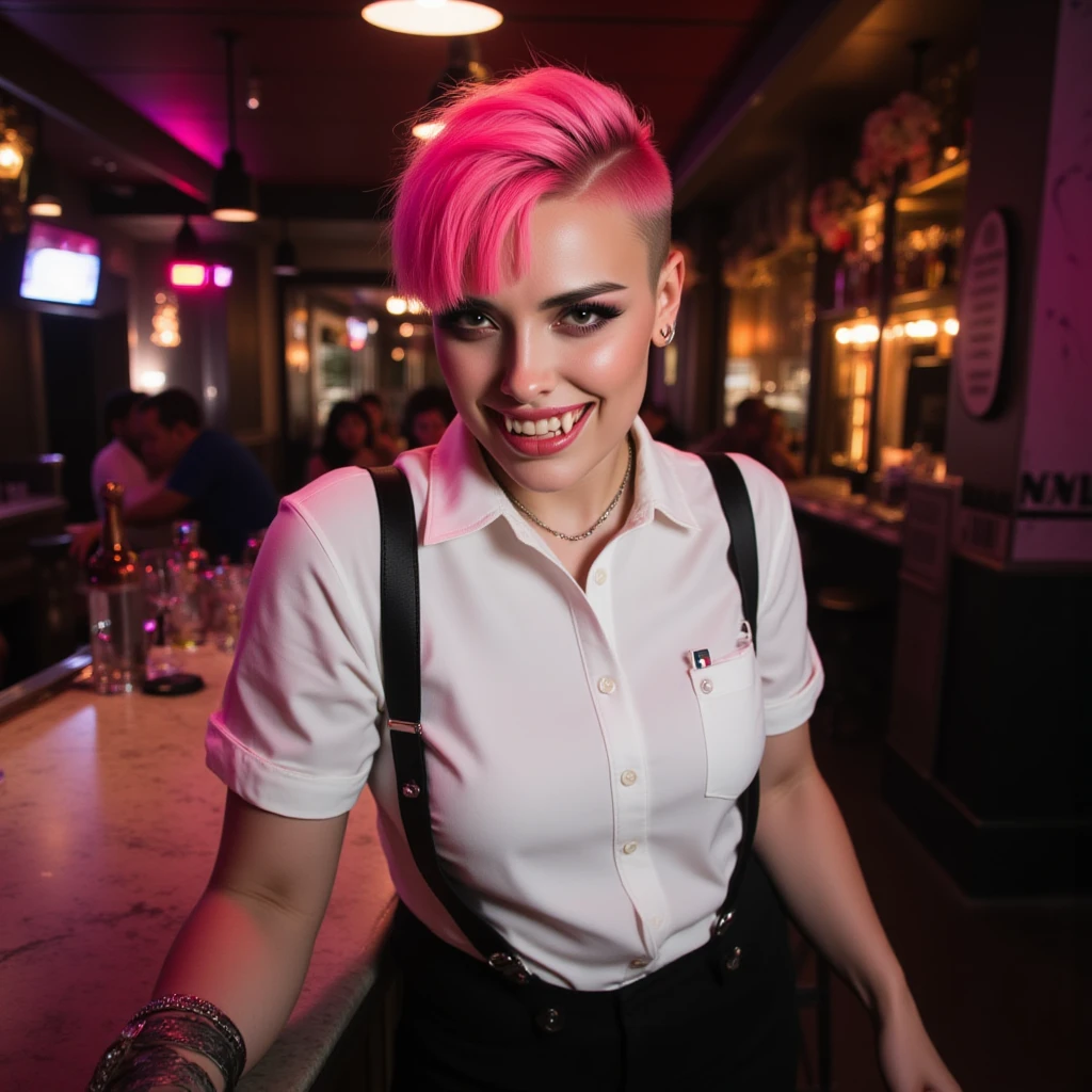 <lora:Proxy Paige V2:0.9> proxy page, a woman with pink hair wears a turtleneck and tight jeans. She holds a beer in a pub