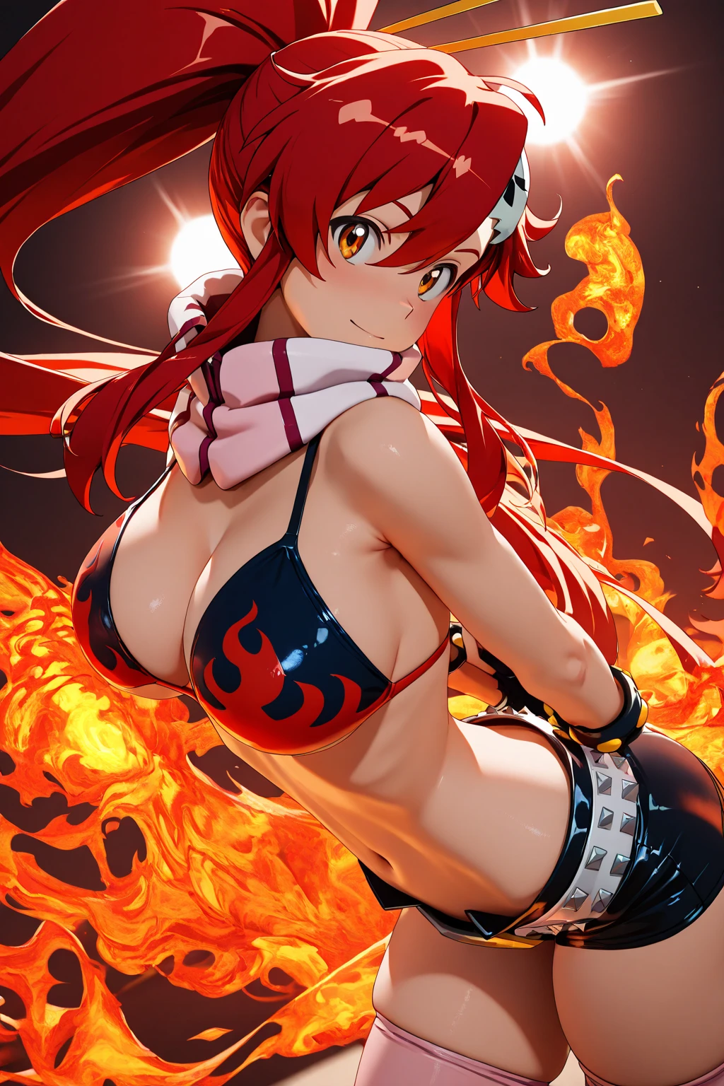 1girl, bikini, breasts, gloves, flame print, hair ornament, long hair, red hair, scarf, shorts, blank face, parted lips, yellow eyes(empty eye), yoko littner, yokoli, best quality, masterpiece, sky,
