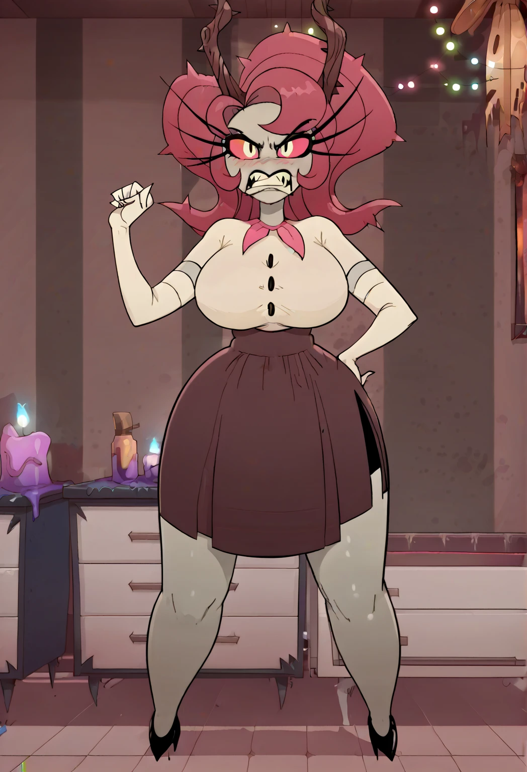 masterpiece, best quality, solo, curvy, beautiful eyes,  narrow waist, wide hips, zzMiko, long hair, purple hair, blunt bangs, multicolored hair,  dynamic angle, foreshortening, close up, smile, looking at viewer,   ,       <lora:MikoKubotaIXL:1.0>, [Dark Fantasy Runway], Black lace gown, silver jewelry, dramatic makeup, Striding down a foggy, dimly lit runway with smoke effects and eerie spotlight focus.