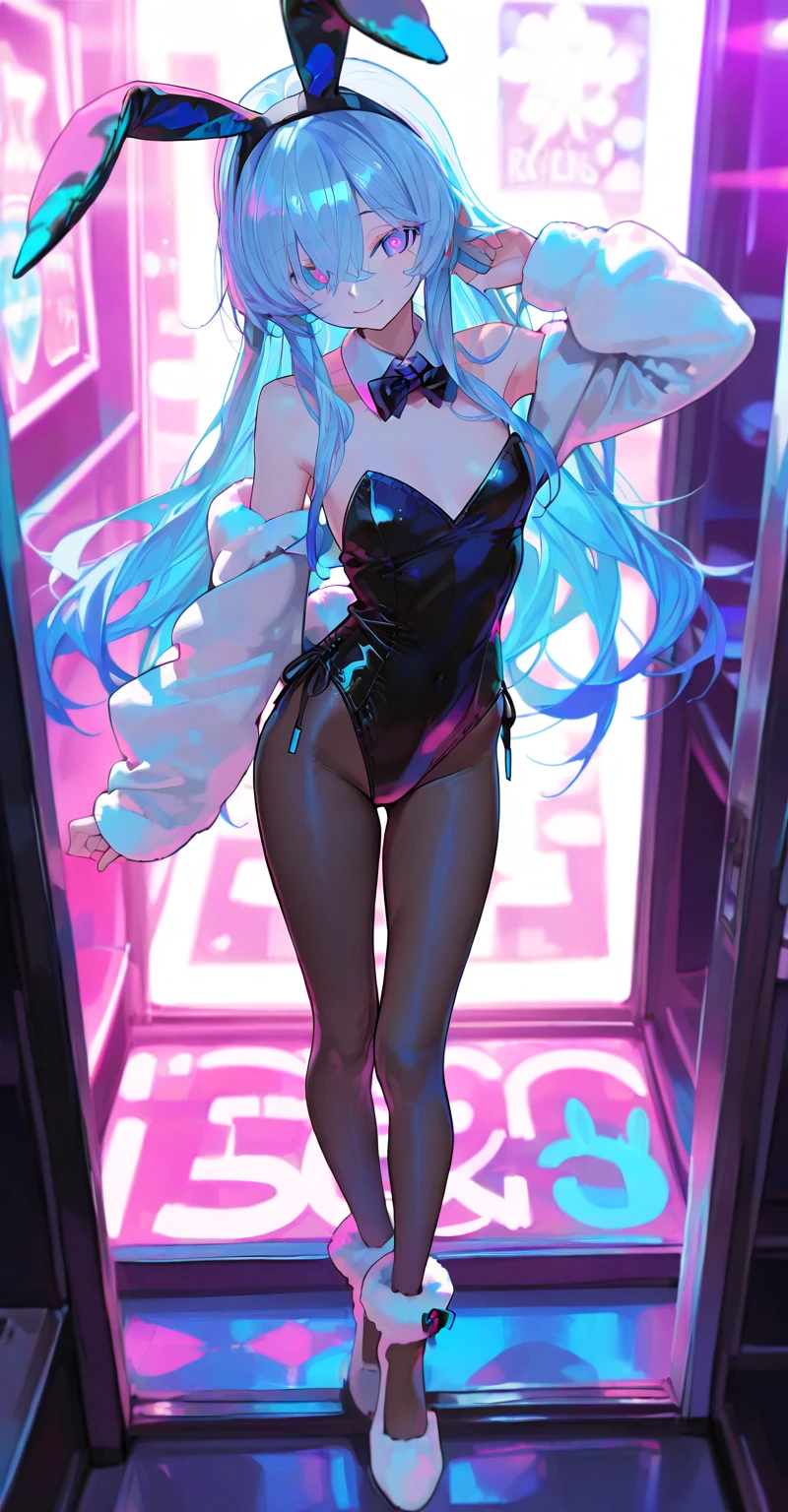 (Photorealistic:1.4)、(16-year-old:1.5),(masterpiece、lens flare、Exquisite beautiful eye:1.5,portlate:1.5),(),(kind eyes、tareme:1.9),(Close-up of face,face focus1.7)、Cute Face、 3D Face、(aqua hair:1.5)、(long  hair,:1.2),(sidelock :1.3),(blunt bangs:1.3),(1  lgirl)、(aqua eyes:1.2)、(cowboy shot:1.5)、、(smile:1.2)、(Fishnet tights:1.3).(),(head tilt) ,(),(flat chest),(),(hologram strapless leotard :1.5),(art background:1.5)、(Detail)、(Reflection:1.5)、Slim Body(),Shiny Hair、