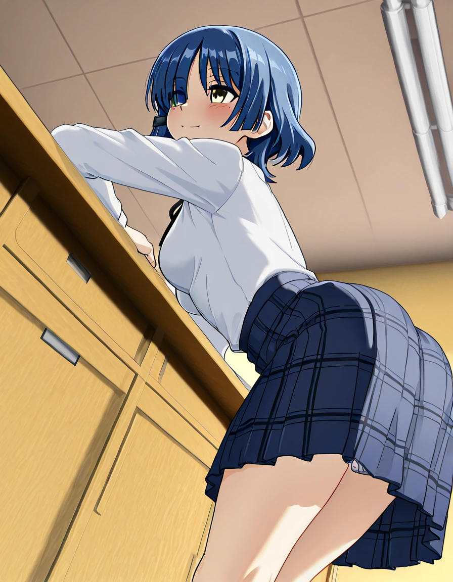 Beautiful lighting, One Girl, solo, Akane, White shirt, (((skirt)))，Sweater vest, Black vest, Blue tie, ((Anime Style))、((2D))、blush，Laughter、Open your mouth、Look forward，((Cotton panties with crotch))，(((skirtめくり, I can see your pants)))，squat，From below，squat，squat，
