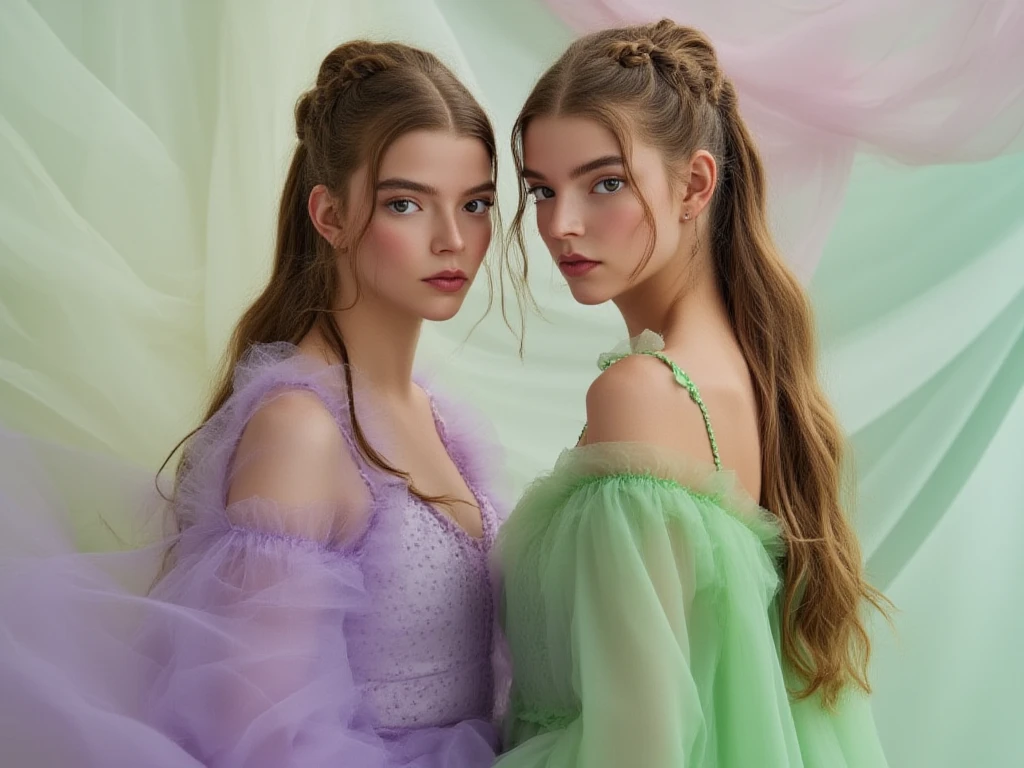 Two girls with distinctive, long brown hair stand facing each other ...