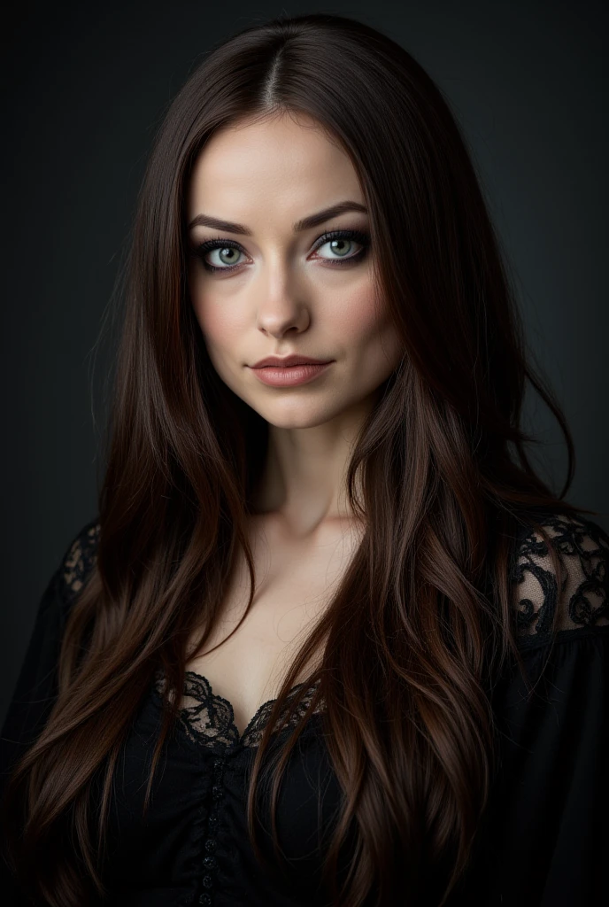 29 year old woman, long brown slightly curly hair, blue eye, visage parfait, professional makeup like model,  C et portant un haut noir