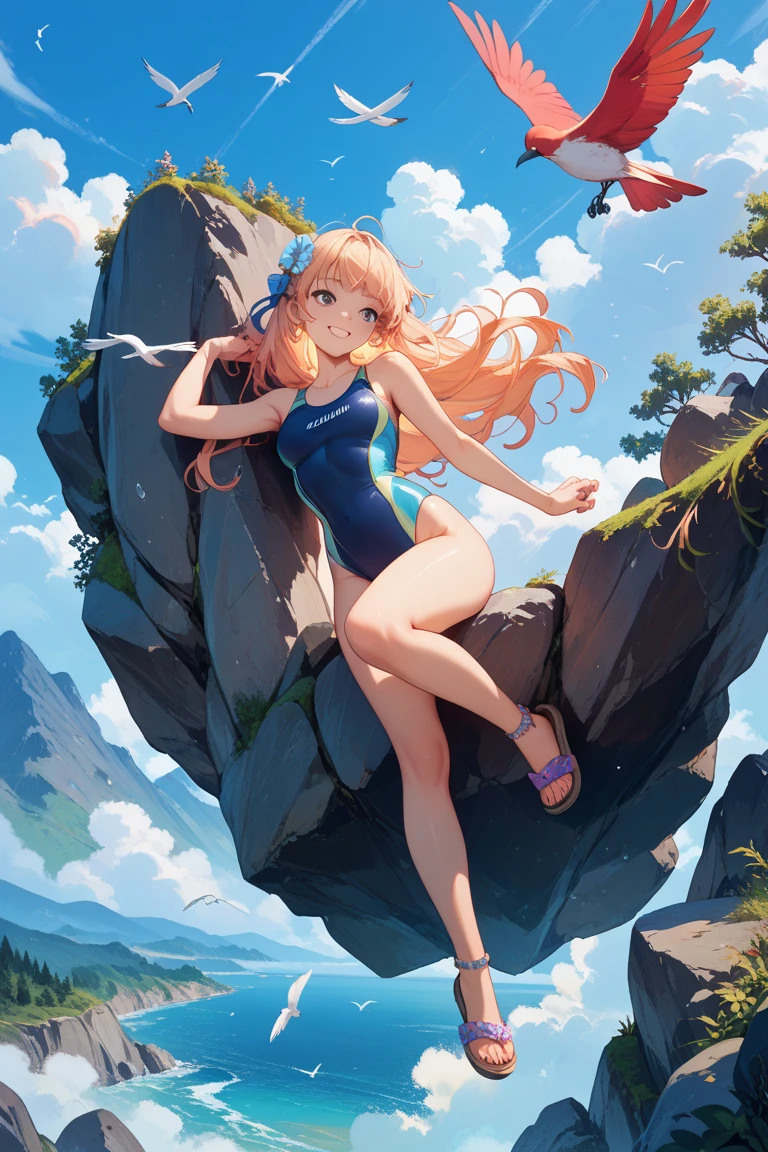 Giant Girl 50,000 feet high，Have a pair of long legs，Have a pair of huge breasts，Wearing a red bikini，Waist length blonde hair，Loose hair，Wear a pair of Mary Janes，Blonde curly hair，full of enjoyment，Standing firm in a crowded city, vandalism，It seems to be an invincible existence,Beautiful appearance，Exquisite makeup，quality，8K，高quality，(Governor:1.5)，Perfect proportion, theater lighting，Film Grain，Fuji Colors，8K，Textured Skin，Super Detail，High Detail，high quality，high resolution，thunderbolt，Fake laugh，Morning, Full body image