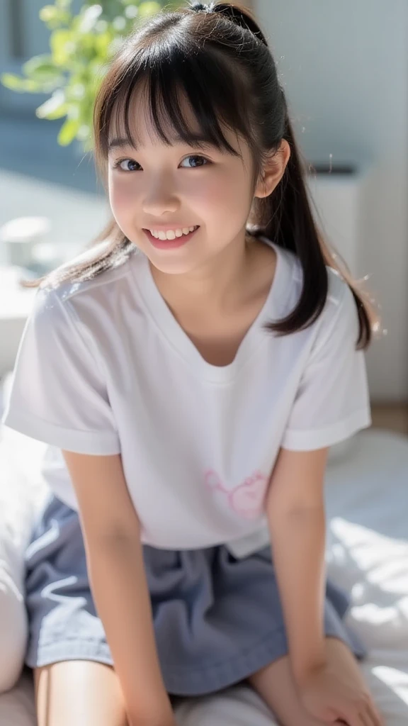 Japanese,6 years old,Baby Face、Ultra-flat chest、Ultra short height、An innocent smile、Flat Chestのクローズアップ、Flat Chest:1.85、cute,Primary school students,White collared pajamas、So small and so young、On the bed:1.85、She gives me good morning kisses:1.85、She spread her arms