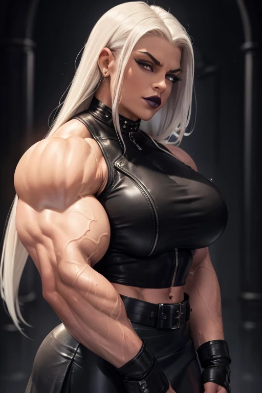 ((((Massive tall, beautiful, buff, brown skinned, muscular woman with white hair, black lipstick, ginormous bulky muscles and wearing a beautiful long black leather cheongsam dress)))), close view, vascular, massive muscle, (massive biceps), hyper muscle shoulders, vascular shoulders, hyper muscle triceps, (long straight white hair), blue eyes, long high heels, smile, ((in Hollywood red carpet)), evening, Vascular arms, hyper vascular arm, hyper muscles arms, hyper muscle legs, massive buff arms.