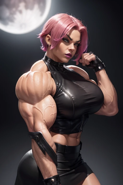 (((Massive tall, beautiful, buff, light brown skinned muscular woman with shocking pink hair, black lipstick, ginormous bulky muscles and wearing a beautiful leather unbuttoned blouse with a beautiful black long pleated skirt))), (close view), massive muscles, massive biceps, hyper muscle shoulders, massive muscle arms, vascular shoulders, hyper muscle triceps, (angled bob cut), (beautiful unbuttoned leather blouse), red eyes, studded gauntlets, gloves, choker, (beautiful black long pleated skirt with a belt), shoes with socks, (in a beautiful hallway), closed smile, morning, hyper vascular arm, hyper muscles arms, hyper muscle legs, massive arms
