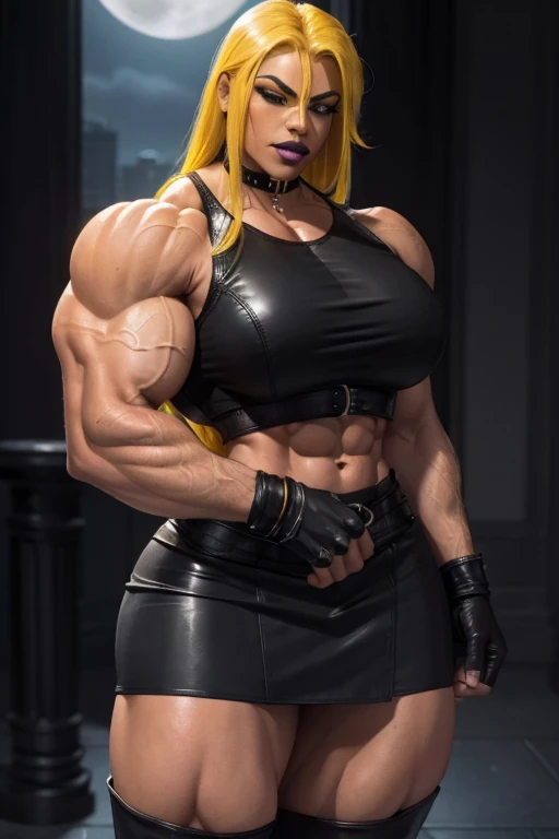 ((((Massive tall, beautiful, buff, light brown skinned muscular woman with white hair, ginormous bulky muscles and wearing a beautiful black latex pencil dress)))), (close view), massive muscles, long straight hair, ((pantyhose)), blue eyes, choker, ((beautiful black latex pencil dress)), high heel, (in a dance club), closed smile, night, ginormous muscles, hyper muscles