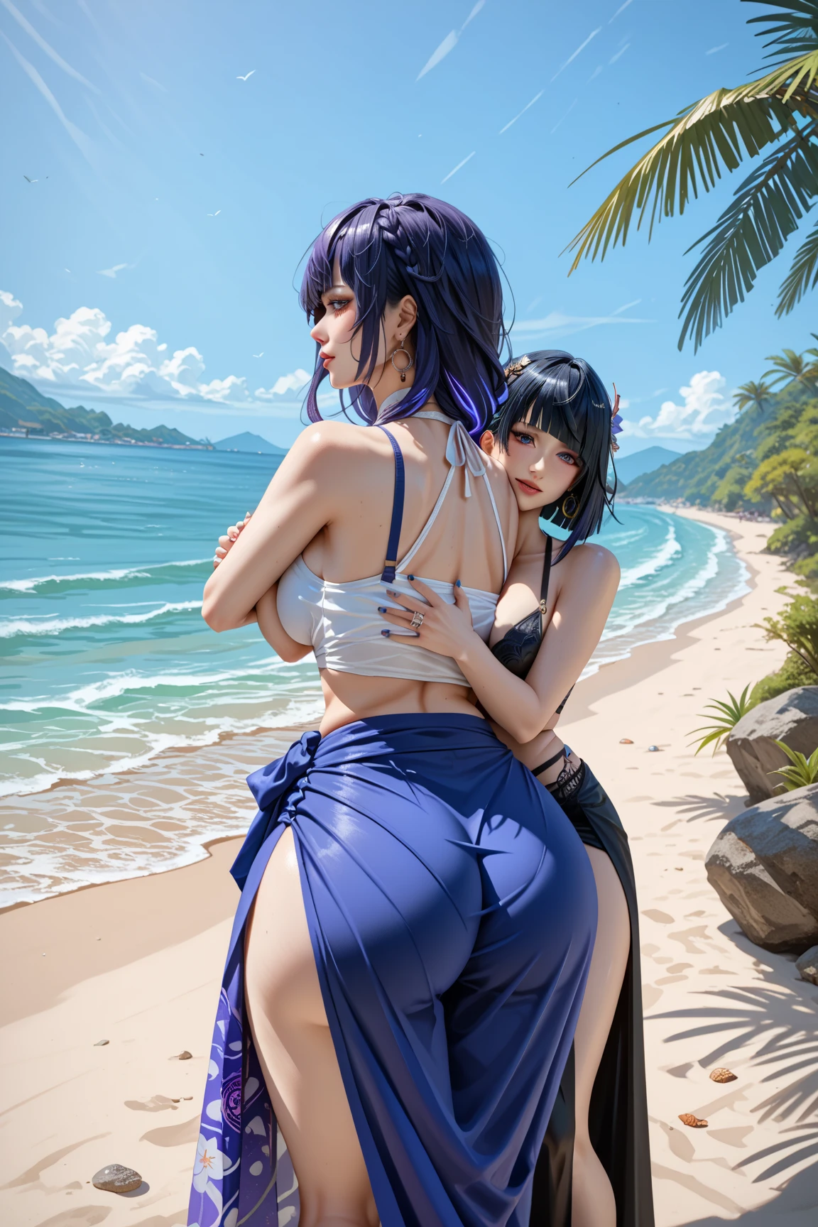 Princess Elsa in bright blue  , loot,  pose and a big , shot , looking back at the camera, on a paradisiacal beach, at 10 o'clock in the morning.
