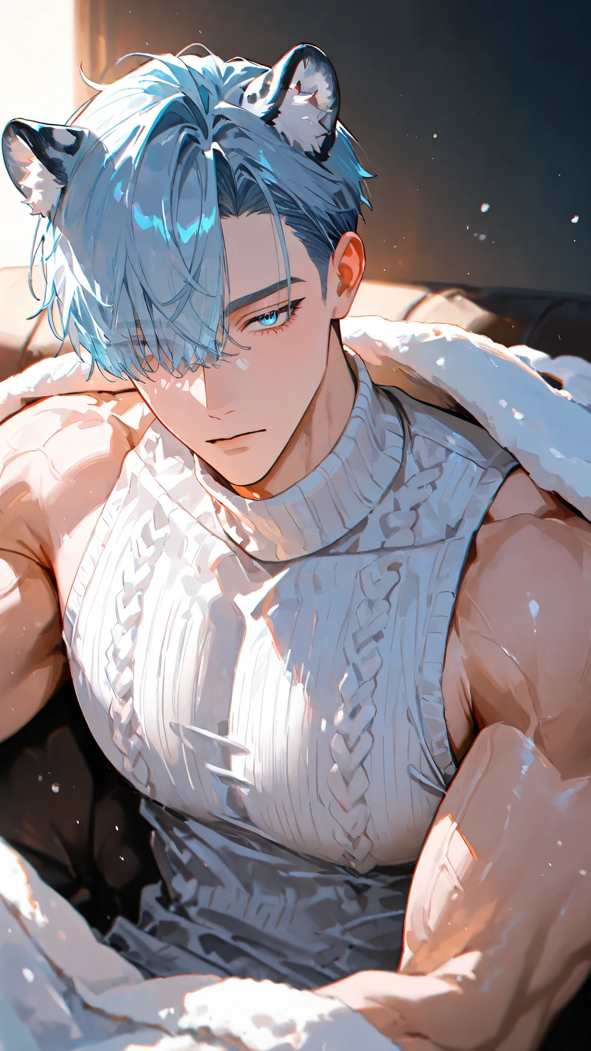 score_9, score_8_up, score_7_up, rating_, source_anime, male, blue skin, humanoid, body, detail, hot male, red  , oiled body, Elven ears, messy hair