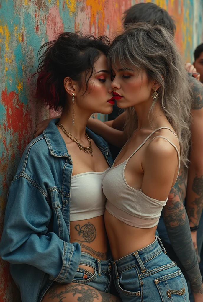 Two russian women: the dominant dark skinned gipsy woman with possessive stance (arm around her partner"s neck , leaning on her partner and the other hand on her partner's ) protecting the pale and needy one, who is helpless and looks up with open mouth with wide (her hair is messy and her straps of her shoulder), her hands in the air. different clothes but same rock chic style. grey hair (bouffant, top bun) and both oversized square sunglasses. Big lips. Black lace , silicone ,, low rise black lace . Tall knee high leather boots with necklaces in ankles.. Lots of thick wide studded bracelets, chain necklaces and big rings,. Long earrings with chains and feathers. Chains around their . Lounging lazily on a pile dark green plastic bags. Lazy, leaning back, laid back pose, separated legs. Neck, , stomach, feet, hands, arms and wrists heavily tattoed. Toned abdominals, thin neck, slim legs and thin arms. Narrow . Full body. At a Madrid narrow street with graffitied walls, ground littered with waste . Some nuns witness the scene. Sunny day