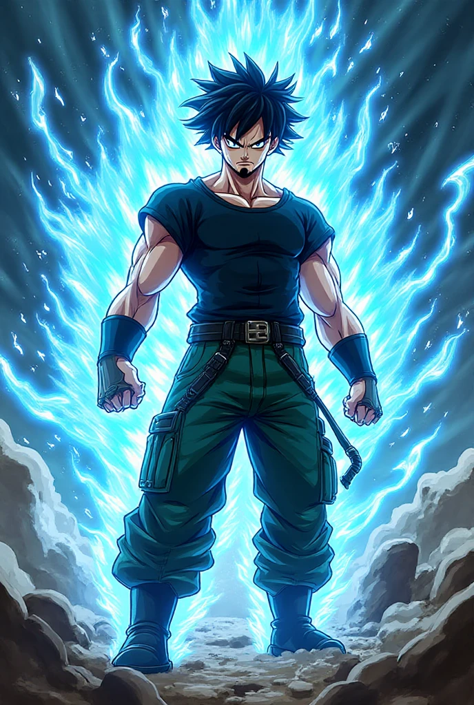 personnage Dabi de l'anime my hero academia . he looks like a soldier. he doesn't wear a top. black hair .
in his left hand he has a blue fireball and in his right hand the blue spear 
