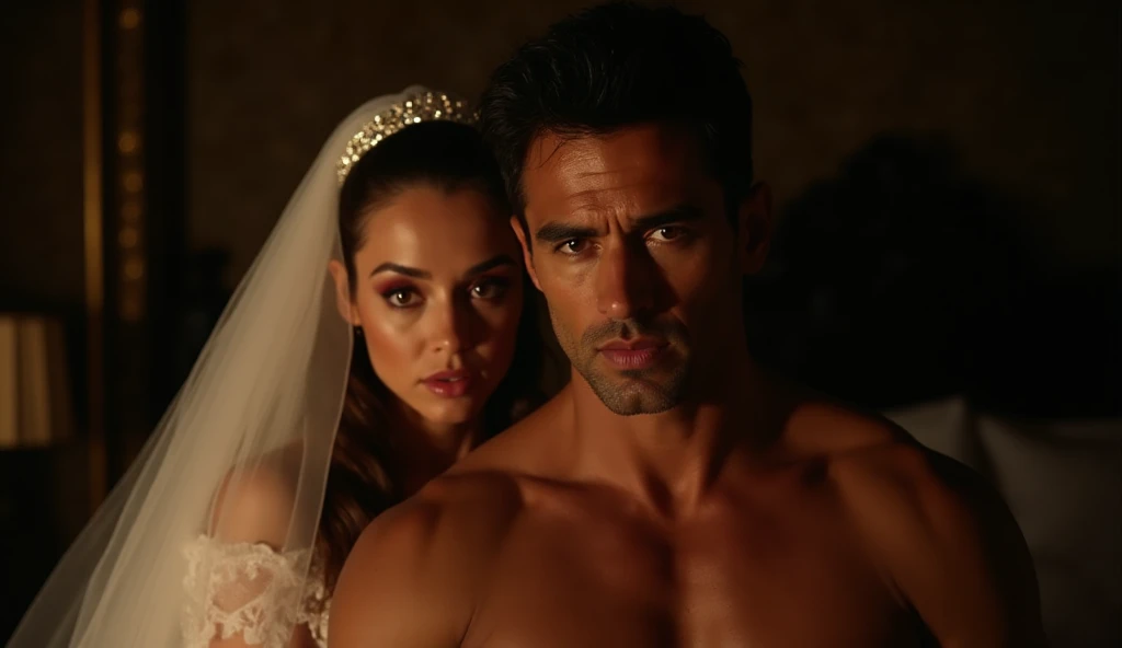 Full body photography of a sexy bride and her handsome groom in the  position, woman wearing white lace , man muscular build and six pack abs, woman  facing camera, man knelt behind her, smiling, symmetrical eyes, symmetrical face, photorealistic, photography, path tracing, specular lighting, volumetric face light, path traced hair, visible shadows, intricate, elaborate, hyper realistic