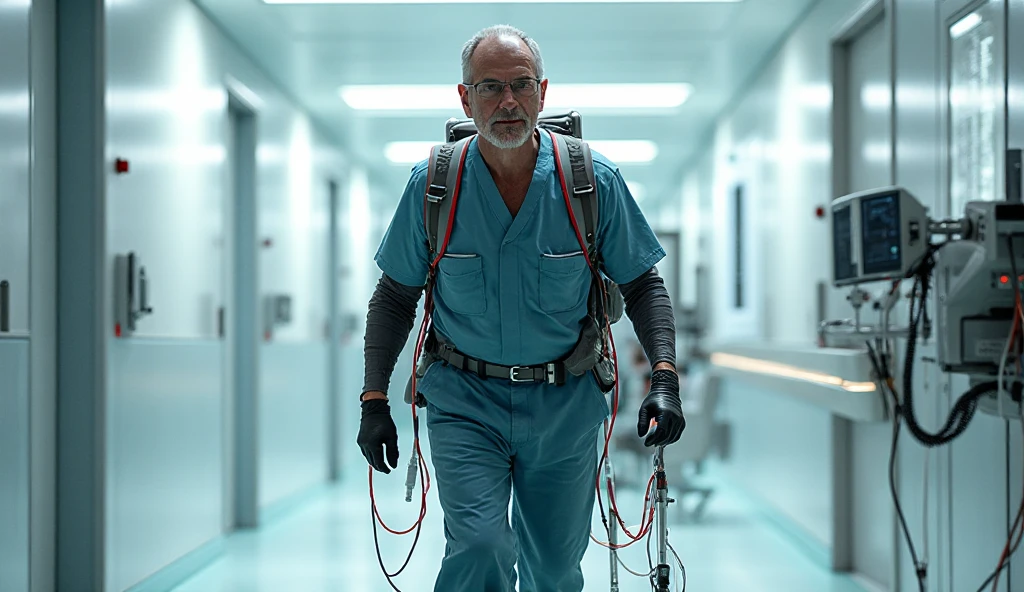 RAW photo, full body, a 35-year-old man, ((dressed as a lab technician)), is sitting on a guest sofa, looking towards the audience, wearing shoes, with both hands forward on his knees, straight forward position, wearing laboratory gloves, laboratory glasses, holding laboratory tools in his hands,
