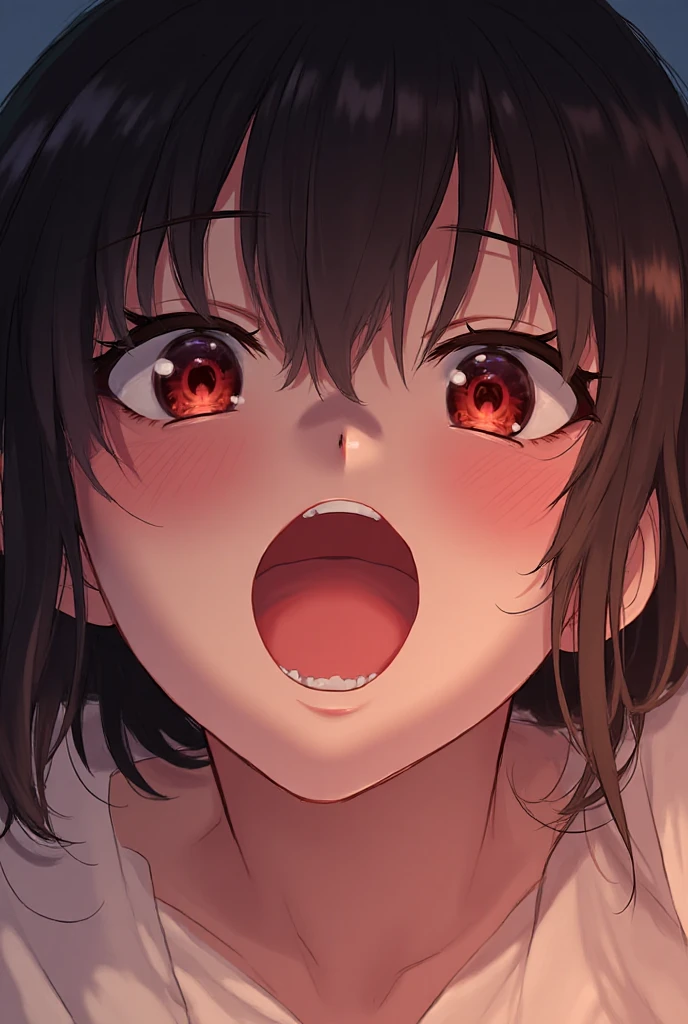 ,1 girl,Solo,hair,(black hair:1),uvula,portrait,masterpiece, best quality, very aesthetic, absurdres,looking at viewer,split,(Black clothing),pov,open mouth,White Breath,shiny,gloss,heavy_breathing,pull,Sweaty clothes