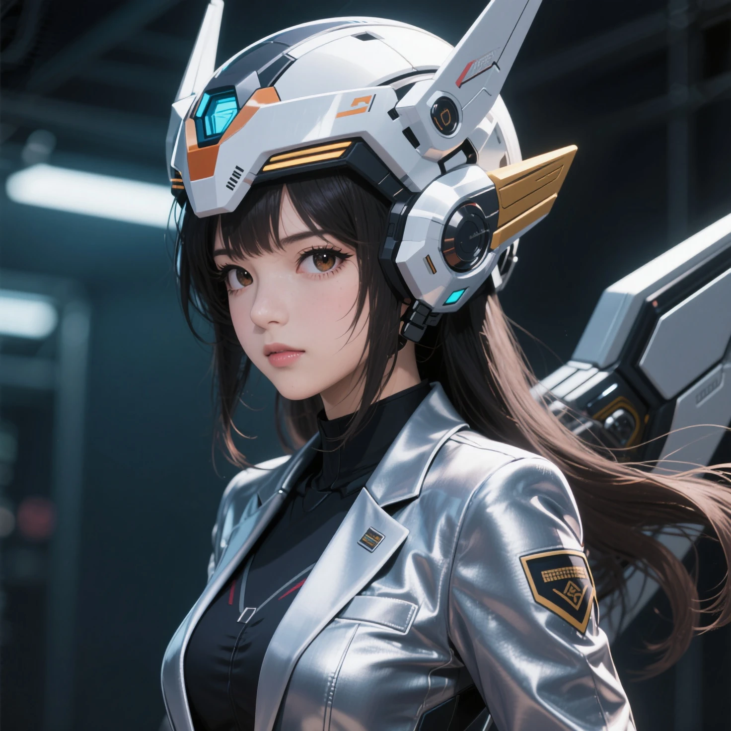 (masterpiece), (best quality), (ultra detailed),(illustration), (1girl), standing,looking at viewer, (interview),beautiful detailed eyes, delicate beautiful face, Floating,(high saturation),(shining), small , cowboy shot, aahana, long hair, brown hair, headphones, whisker markings, shoulder pads, blue , ribbed , animal print, clothes writing, long sleeves, white gloves, cyperpunk, cityscape, (night theme), (from below:1.3), detailed , (close-up shot:1.4), (upper_body), portrait