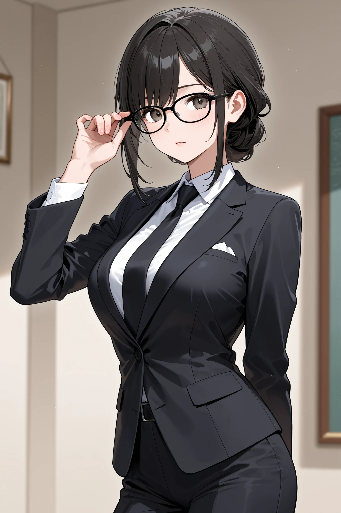 super fine illustration, vibrant colors, masterpiece, sharp focus, best quality, depth of field, cinematic lighting, ultra detailed, sleeves, crop top, business outfit, pencil skirt, office lady, belly button, tummy, midriff, wide , 1 woman, home, solo, , folded ponytail, dark color hair, glasses, slender, blush, angry, room, indoors, mature female, tall woman, looking down, v-shaped eyebrows, 