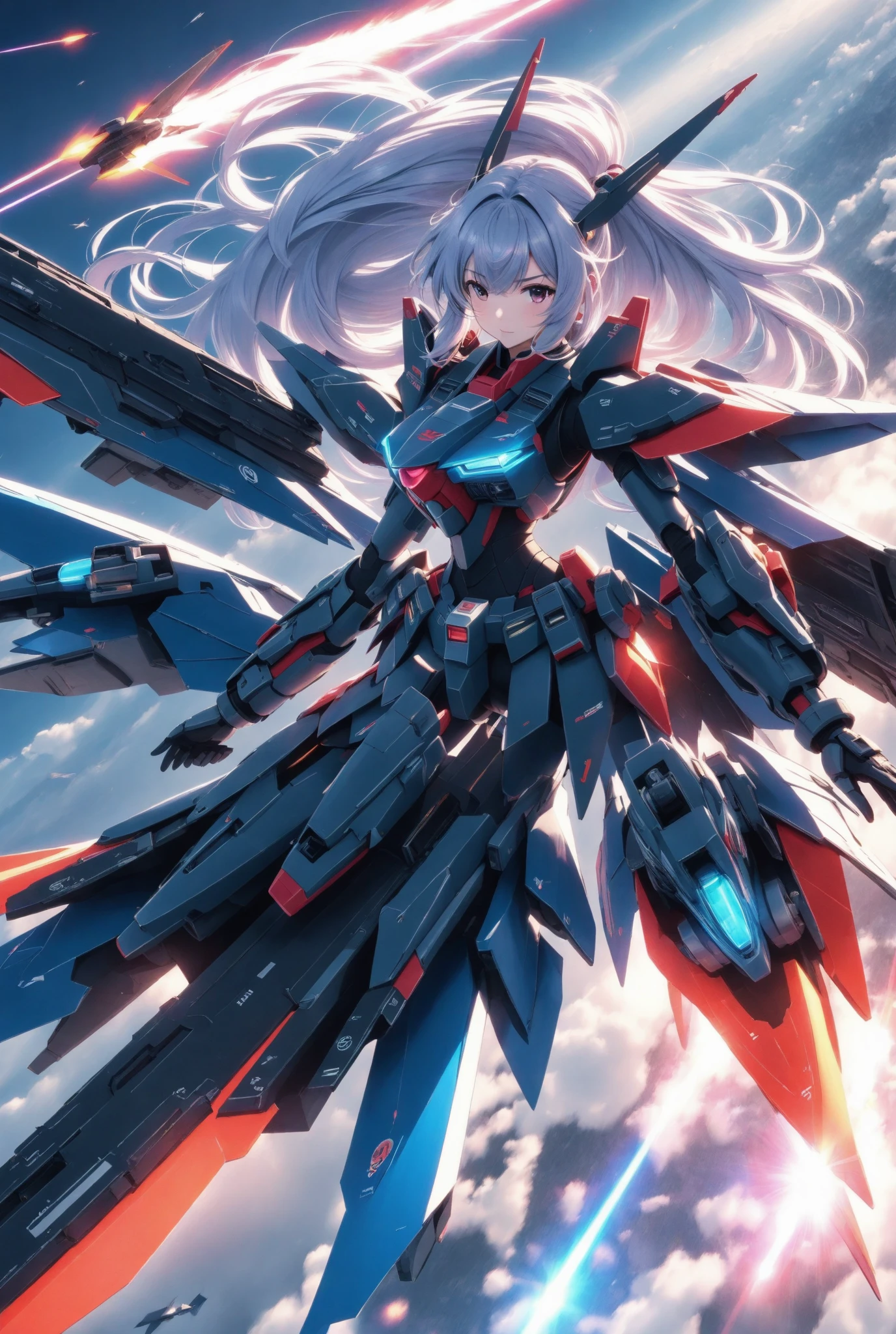 "A whimsical portrait of a girl perched on a giant mechanical bird, soaring towards the sunrise. Her hair flows behind her, forming clouds filled with bioluminescent marine life and tiny weather-controlling drones." theme：Adventure meets environmental control