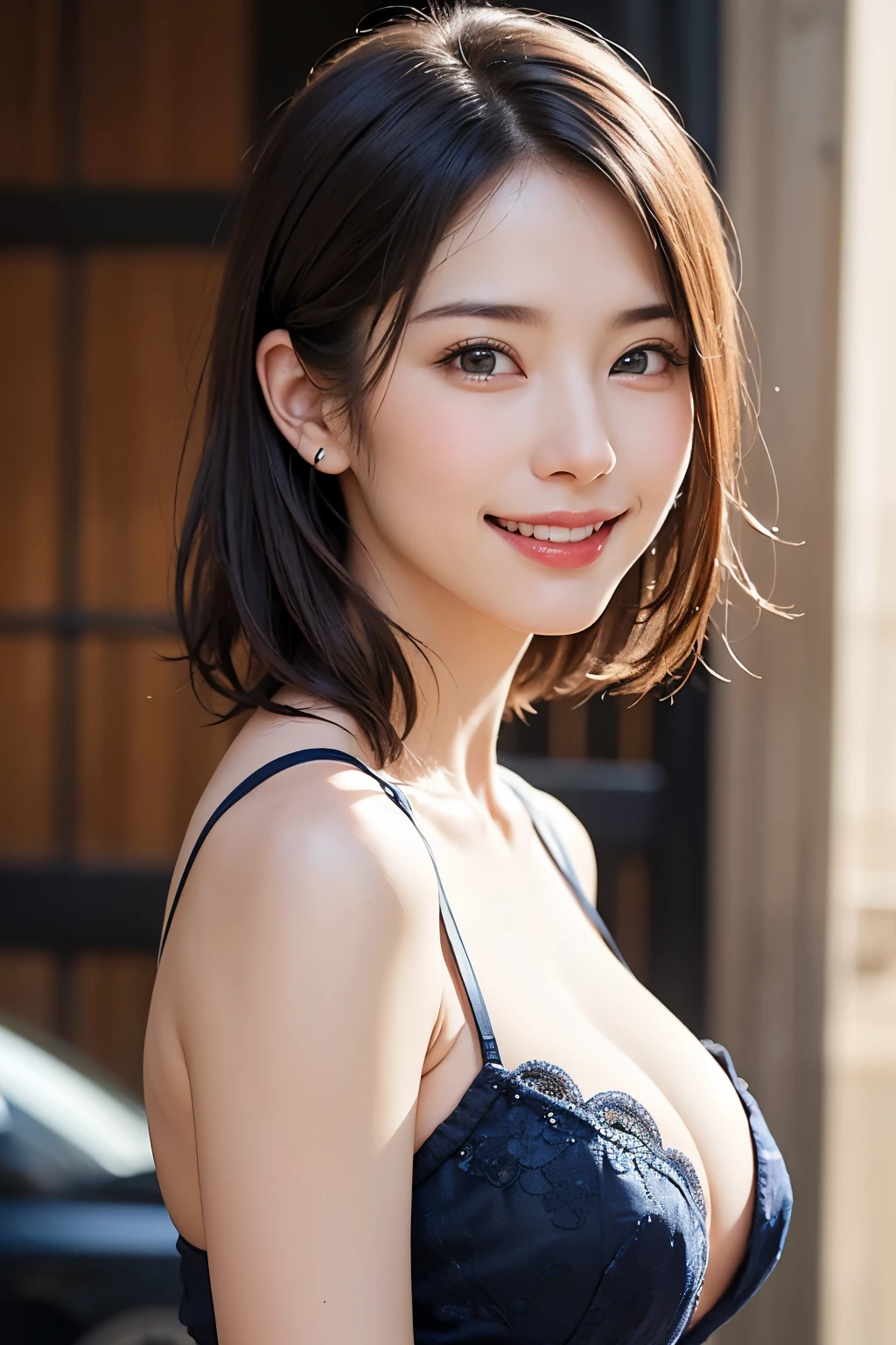 (8k, RAW Photos, highest quality, masterpiece, Realistic, Realistic), (1 female), (Ultimate beauty), Highly detailed face, (Perfect Teeth), Beautiful Eyes, double eyelid, eyelash, smile, Lip details, (Neat brunette bob), The light shines on your face, Big Breasts, ((Colorful mini dresses)), (Front view), (background: none),  Background blur