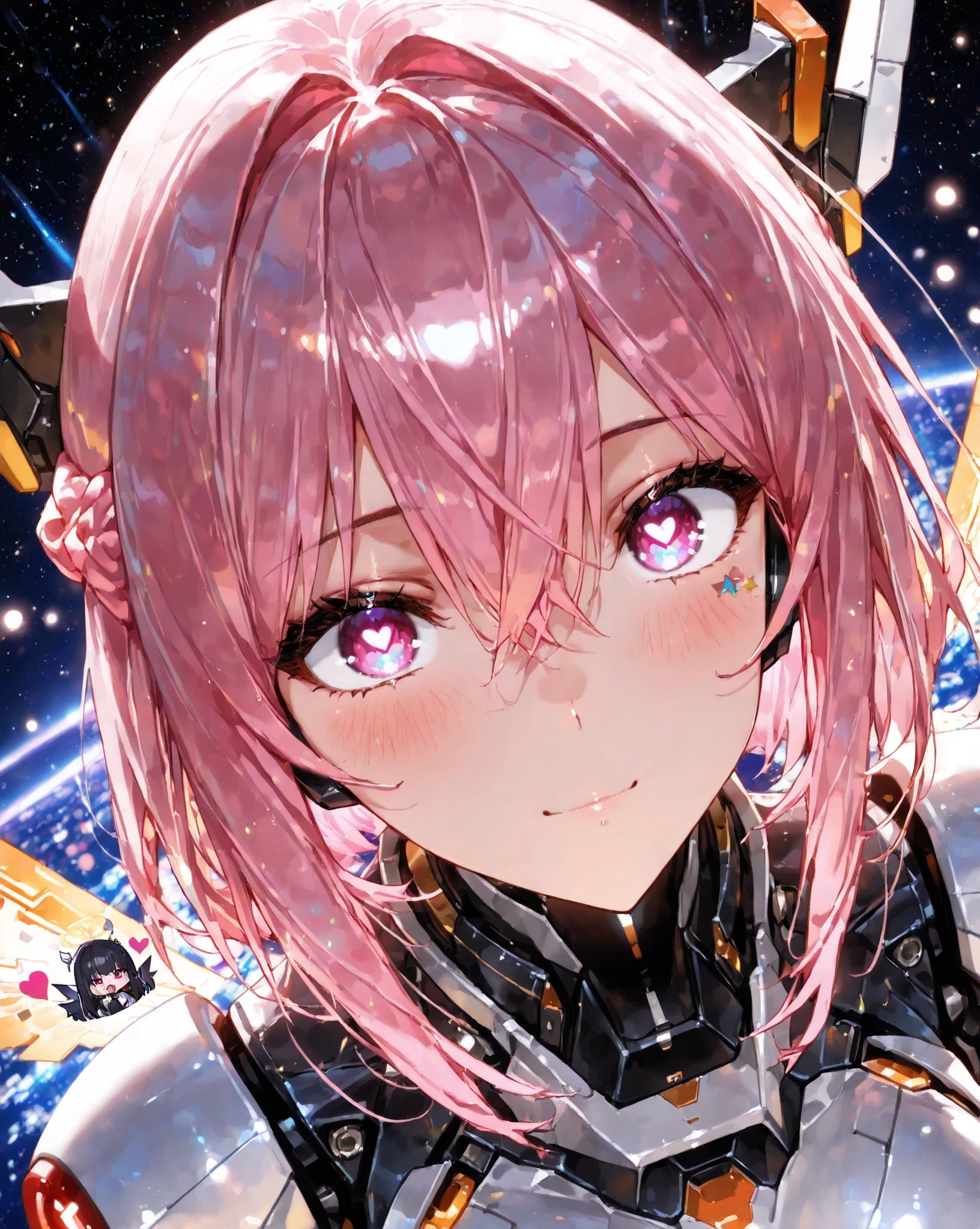 A beautiful girl with pink hair is hugged by a young man with black hair and black armor，Girls are shy，