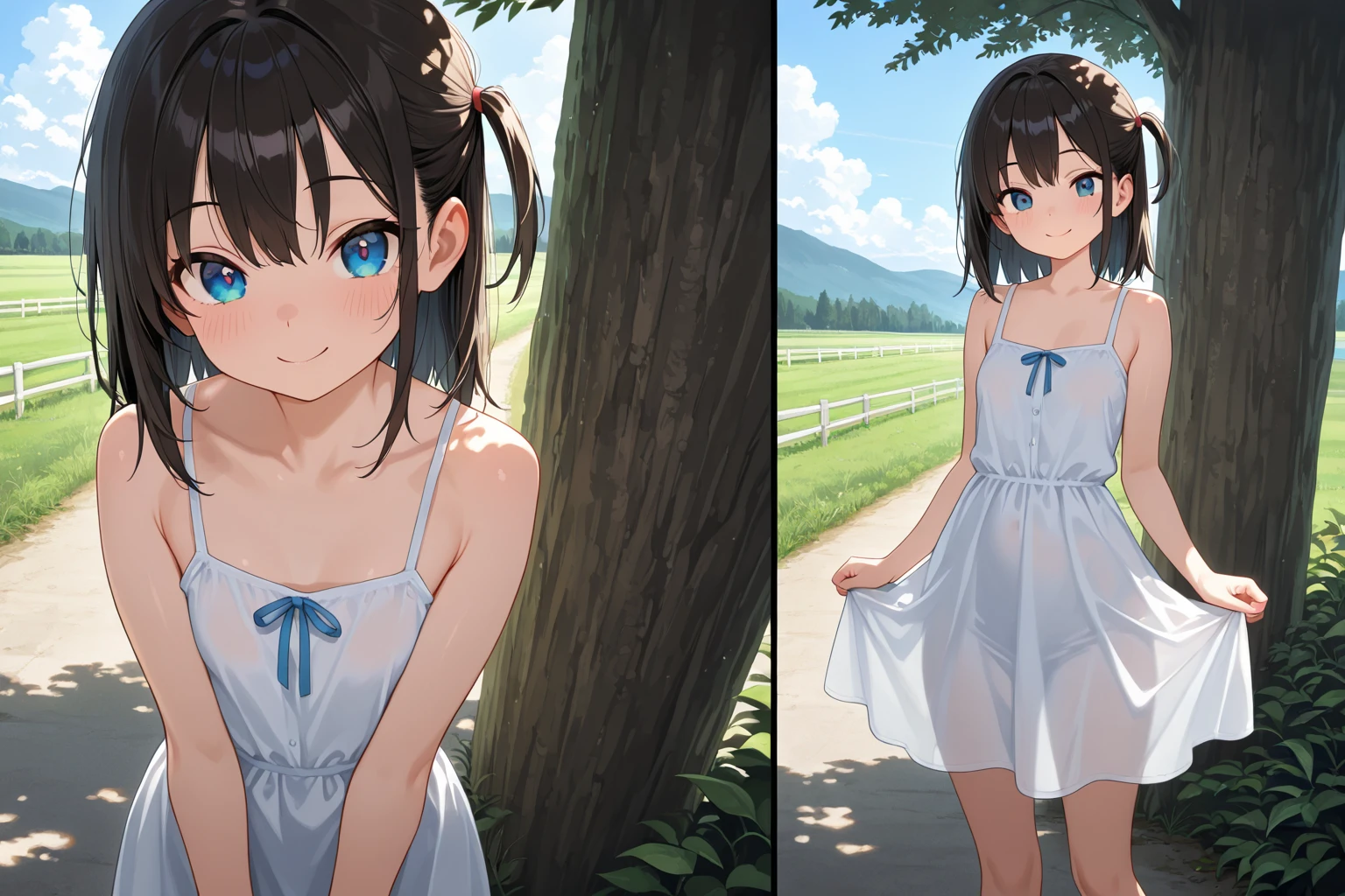 Una chica de anime en un campo de hierba,sentada en la hierba, 1girl, sola,piernas abiertas, , completamente , sin censura,piernas abiertas,obra maestra,mejor calidad,censurado, brown hair, Misaka Mikoto, brown eyes, senos, small breasts, completamente , , sonrojarse, Cerco, Censura de mosaicos, pelo corto, piernas abiertas, valla de alambre, tag