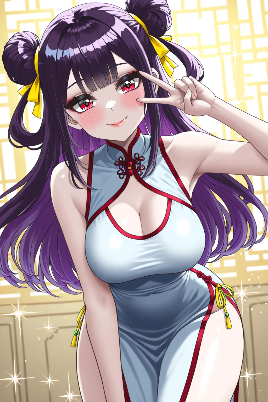 (Perfect body),Best Quality,(8K Portrait),(Official art)、(NSFW)、(((huge-breasted)))、fatness、thick thighs、((Shorthair))、blush,((Dark hair)),(Sweat),((Red cheongsam))、white knee-socks、((Armpits))、((Hands behind the head))、1girl in,((:D))、One eye is closed、Inside the  shop、eye glasses、