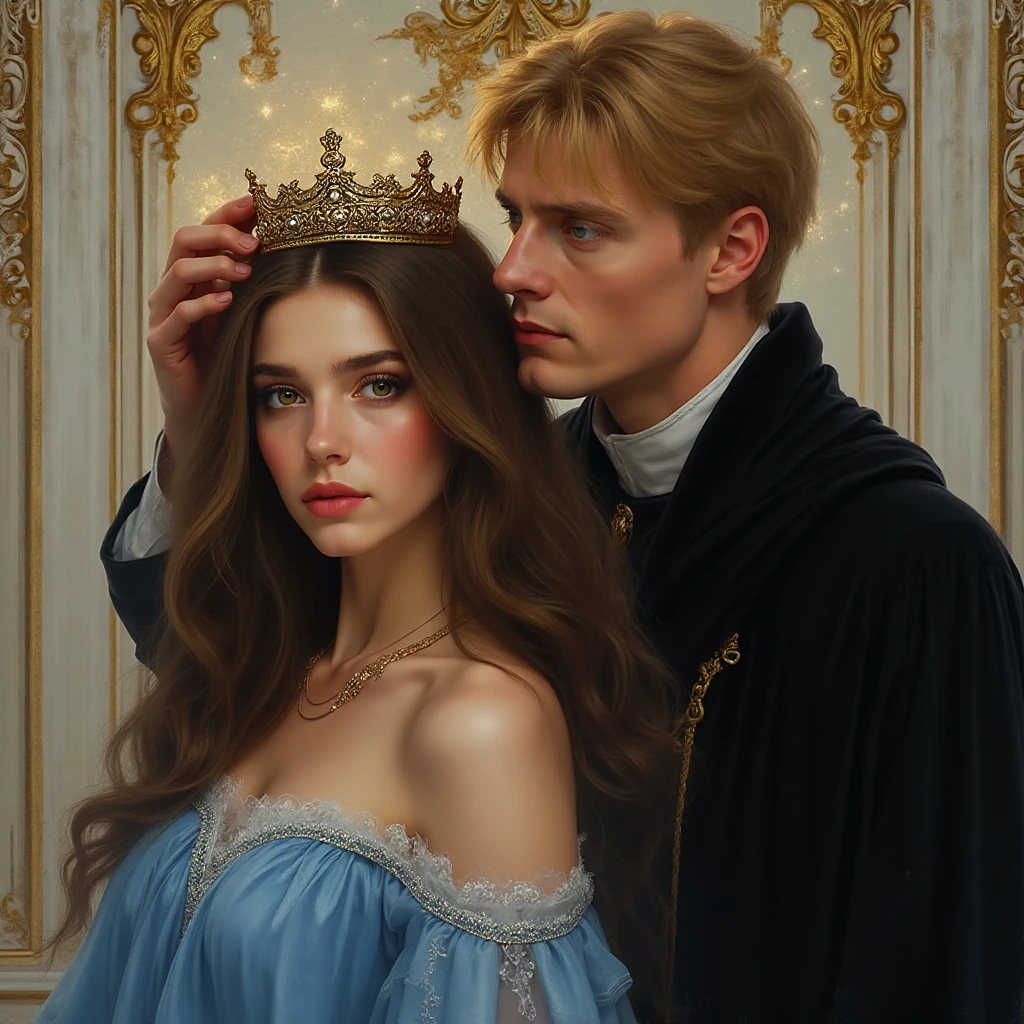 A handsome man with short black hair and red eyes, standing behind a beautiful girl with platinum blonde hair, wearing a gray dress for maids and a crown for princesses