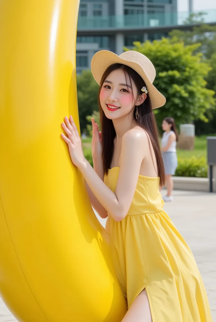 The image shows a chinese woman wearing a yellow dress with a low back and thin straps. She is side seated lefthand outdoors near a body of water, with a wooden deck and some floating yellow blocks visible in the background. There is a large white handbag placed on the deck next to her.