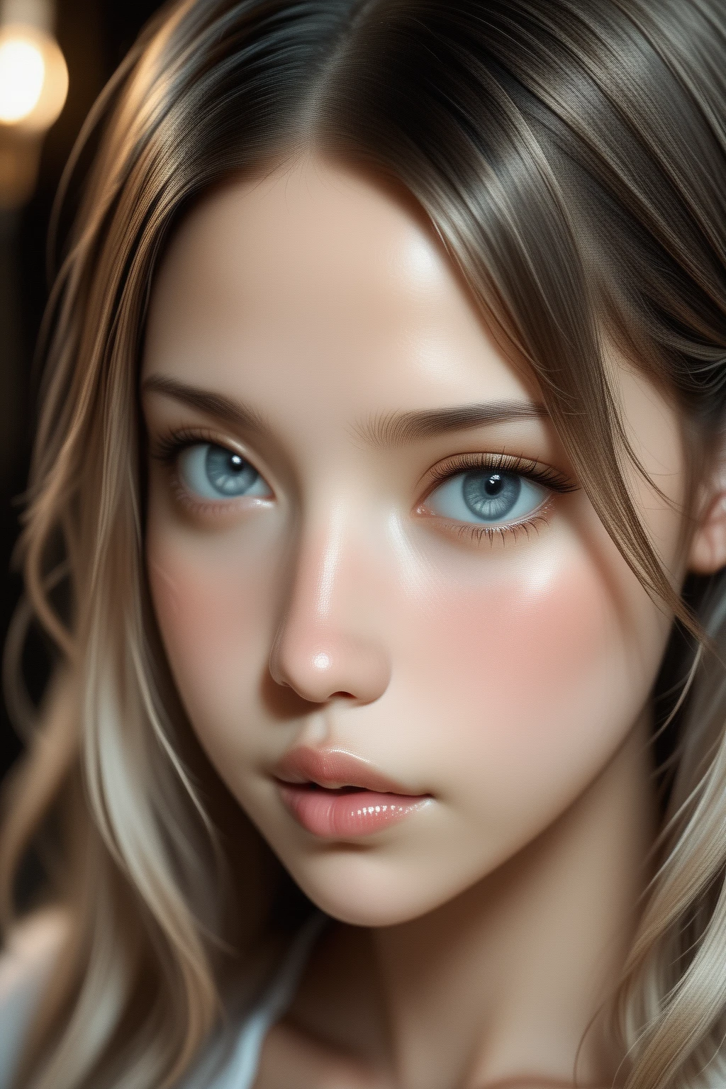 ((Make your subject look three-dimensional with the contrast of light and shadow)). photorealistic Realism 16K Quality: (Hyper absurd quality and details realistic texture velvet skin, hair), Photorealistic photo (portrait) a cute 1model:1.4 24yo, dslr, best high quality soft lighting, sharp focus captured by Fujifilm XT3, f 5.6, in a dramatic lighting, ((Hyper details realistic black_eyes:1.25)), ((finely details pupils:1.3)), Perfect makeup:1.35, ((detailed symmetrical lips:1.3)), ((V-line jaw)), pink_lipstick:1.3, (Hyper detailed long blue_eyelashes:1.18), ((perfect dark_eyeshadows:1.25)), (Detailed nose:1.2), (perfect composition), ((pale skin)), (dry skin), (((she wears black Tube top outfits, the latest fashion trend of this summer))), 