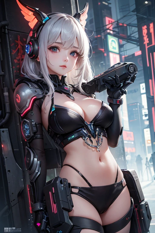 white  hair、Silver hair with pink gradients、long fluttering hair、strong breeze、Orange Eyes、radiant eyes、Evangelion Girl、small tit、Breasts are small and B size、The face and  are alive、Cleavage is visible。photoRealstic、portfolio、Evangelion-style metal mecha suit、an oppai cyberpunk、Gothloli detailetalic、detailed mechanical components、Bundle of thin tubeetal cylinder、Detailed neon、Fine LED、Top quality microcomponents、Delicate orange and black suit wrapped in machine、A large mechanical weapon protecting her in the background、Hair that flutters in the wind、full body
