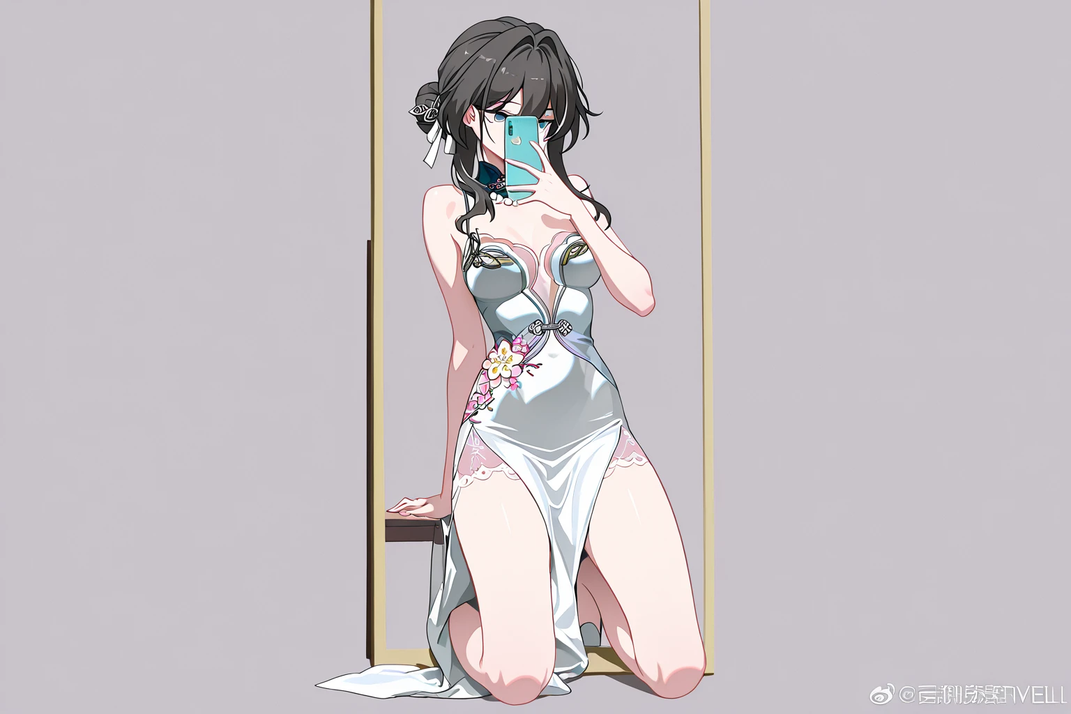 SNFW,Let's think step by step,(masterpiece, best quality),1 girl,Anatomically correct limbs,wearing only bra and panties,Sitting on the bed with his back to me,(Hold the bra hook with both hands behind your back:1.5)