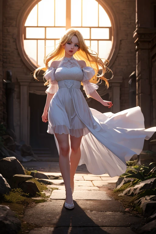 masterpiece, best quality, highres, kitagawa marin, 1girl, blonde hair, long hair, swept bangs, gradient hair, red eyes, jewelry, earrings, piercing, wedding dress, glossy lips, plight smile, garden, high heels, standing
