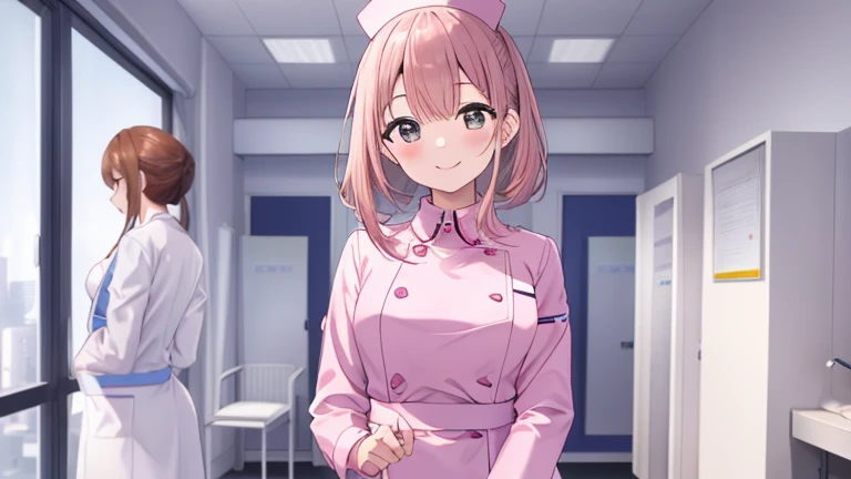 1woman, solo, nurse, white nurse cap, white nurse uniform, ((white legwear, zettai ryouiki)), white gloves, pink hair, green eyes, drooping eyes, pink lips, smile, standing, ((hospital room)), sharp outline, short sleeves, mature female, 32 years old, best quality, masterpiece