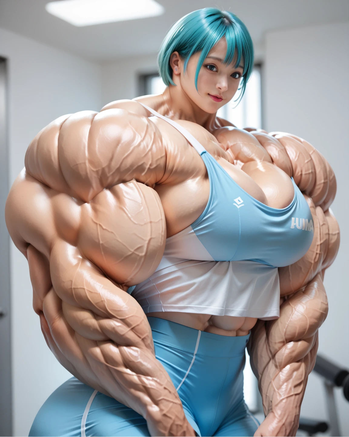 Highest quality、High resolution、Very detailed、Bright lighting、One girl、Full body photo、Black Hair、Short Hair、smile、(((Big Tits)))、(((Bikini)))、(((muscular)))、(((Hyper huge Muscle:1.2)))、(((Incredibly large muscles:1.2)))、(((Extremely large muscles:1.2)))、huge、(((Huge body)))、((Long legs))、(((very thick paws)))、(((Expanding Body)))、(((Huge body)))、(((An immeasurably large body)))、Very small face