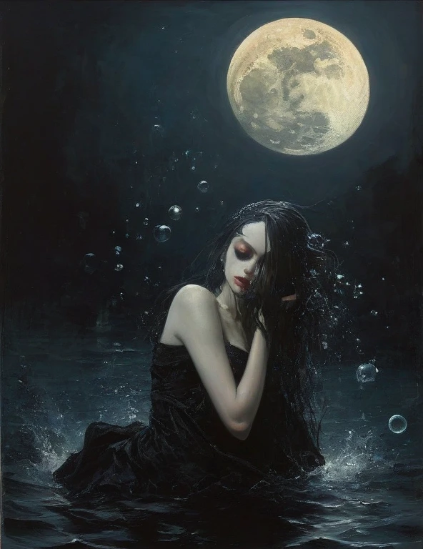 James Gurney, Surrealist art , dream-like, Mysterious, Provocative, symbolic, Complex, detailed,, (Gothic but very beautiful:1.4), (masterpiece, highest quality:1.4) , Nicola Samori Style, The moon kissed the mermaid , Water bubbles
