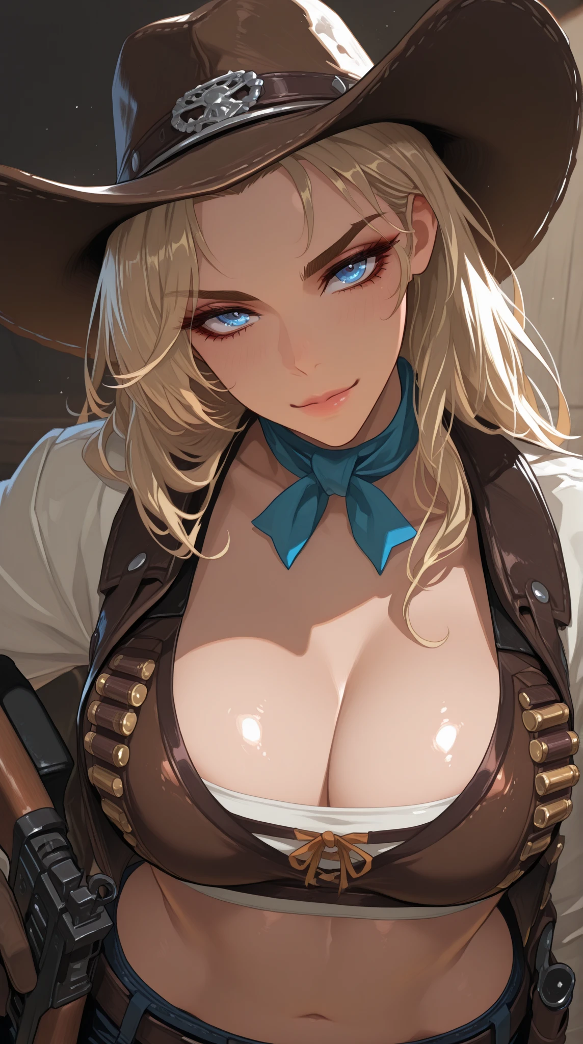 score_9, score_8_up, score_7_up, score_6_up, BREAK Jaina Proudmoore, wearing cowboy outfit, brown leather gloves, ???????????, evil smirk,holding revolver, sweating,on a farm, looking at viewer, cleavage