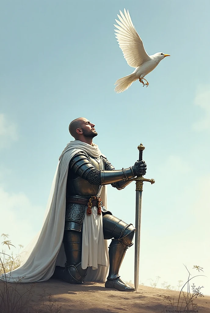 from his hands into the sky, a knight in medieval armor and a white cloak stuck a sword into the ground,  got on one knee and released a bird 