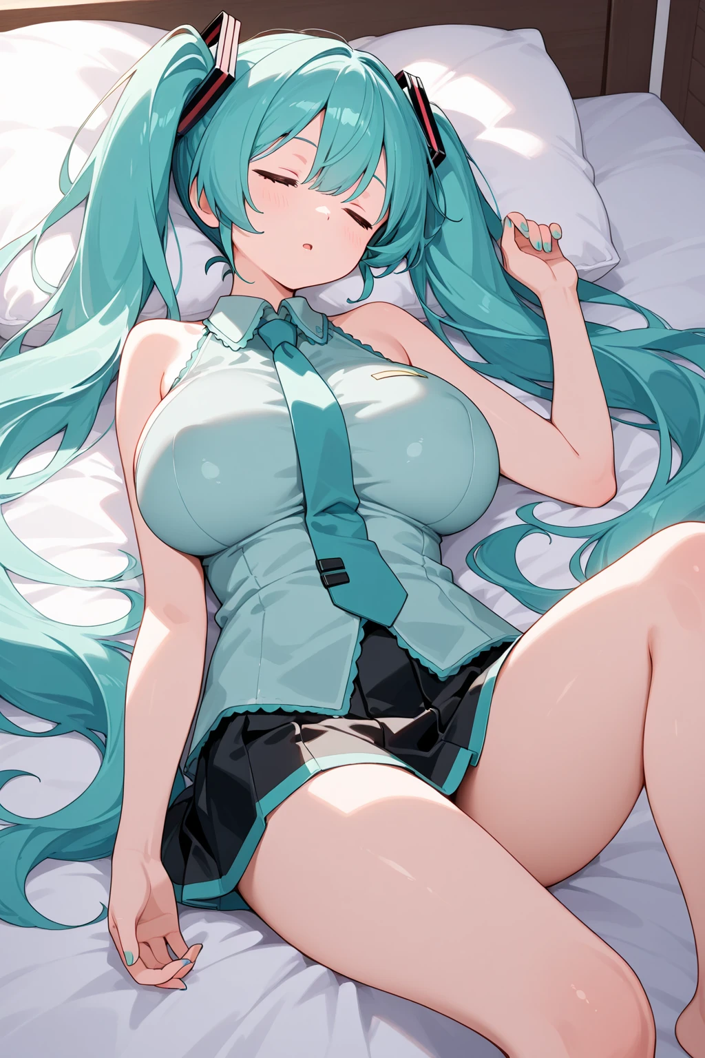 ((Hatsune Miku)), (( 1.8)), ((((Emphasize the cleavage 1.3)))), ((((((high school girl uniform 1.9)))))), ((lift up the skirt)),((Lying on bed 1.5)),(),(From Above),(((((Show Panties))))),panting with excitement,(((( on  1.5))))