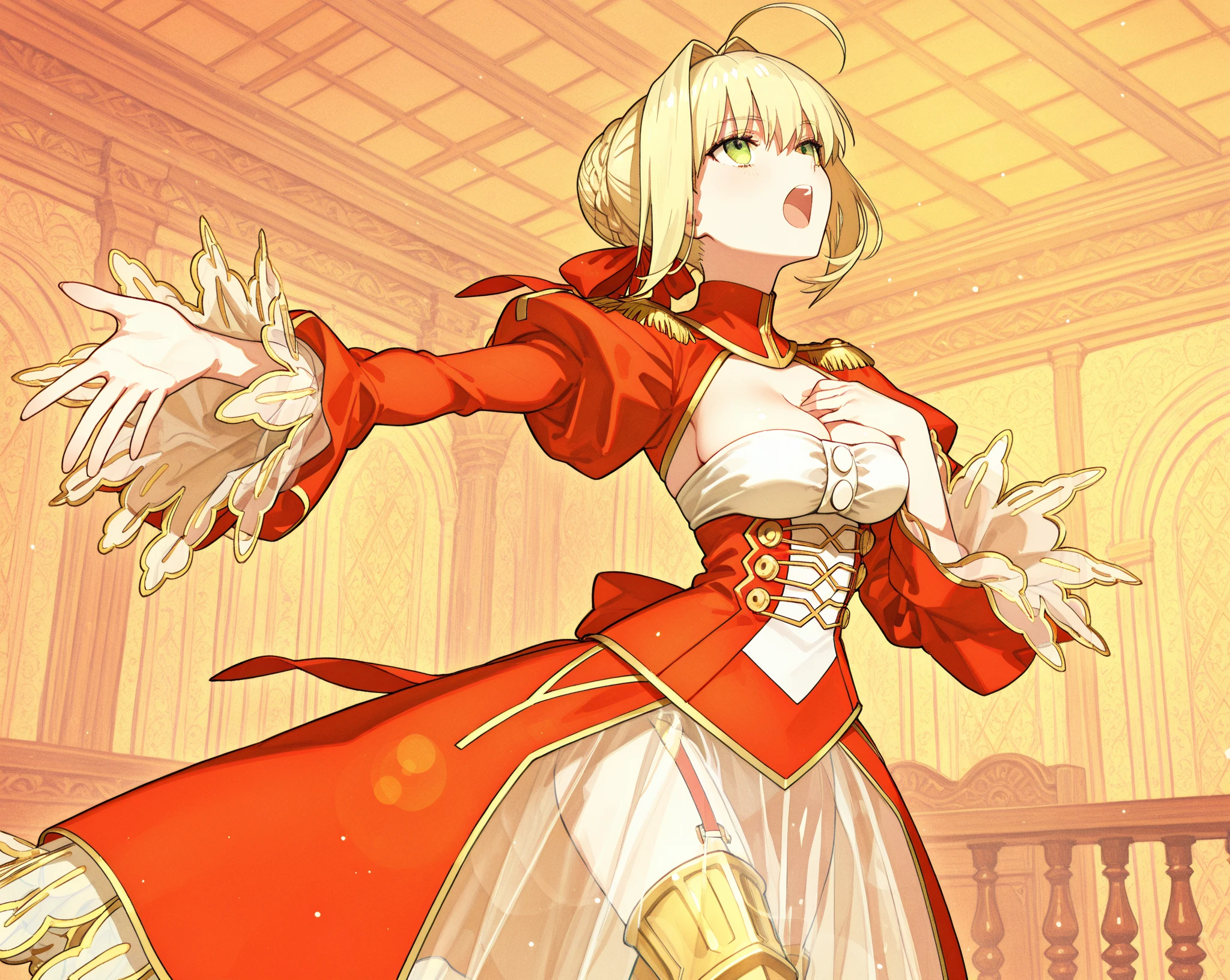1girl, blonde hair, french braid, single hair bun, green eyes, ahoge, sidelocks, red dress, red skirt, Epaulettes, Clothing Cutout, long sleeves, smile, from behind, back, butt crack, dancing, ass shake, open mouth, stage  <lora:Mochiron_yo_da_yo:1>, score_9, score_8_up, score_7_up, score_6_up, score_5_up, score_4_up, BREAK source_anime, masterpiece