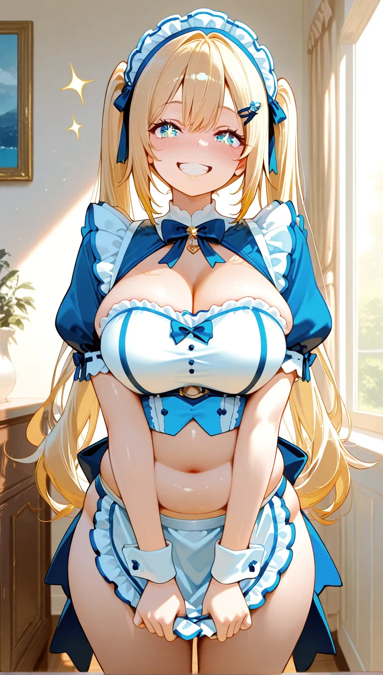 ((highest quality、High resolution))、A beautiful woman、Perfect body、beautiful ample breasts、Long blonde、bangs、Blue and white ribbon、embellished  dress、skirt、a  excited look、Legs wide open、(((POV、straddling、Having sex)))、Creampie