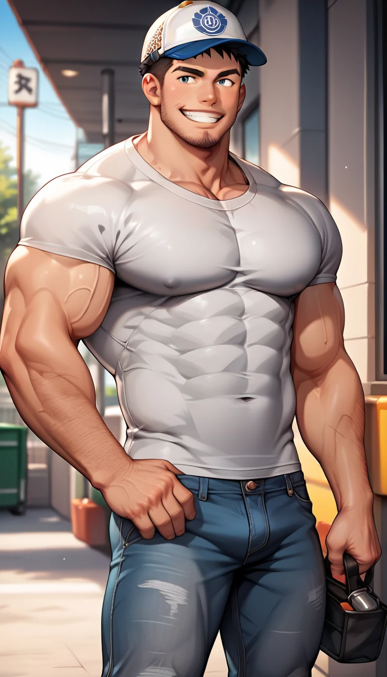 PC Principal, Blonde hair, Facial hair, Male, Middle aged, short hair, Blue shirt, brown pants, sunglasses, solo, 1boy, Portrait. muscular, big pecs, blue shirt, brown pants, shirt too tight, pants tight, big bulge, large bulge, bara, simple background, blue background, white outline,
